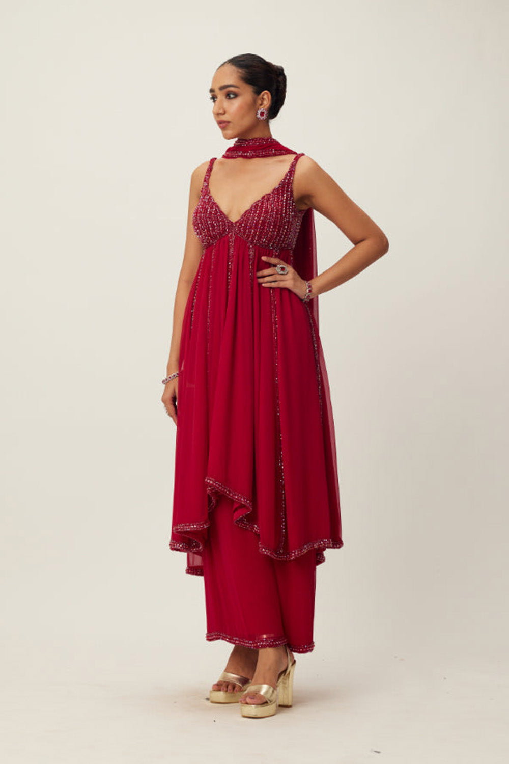 Ruby Red crystal embellished Kurta Set