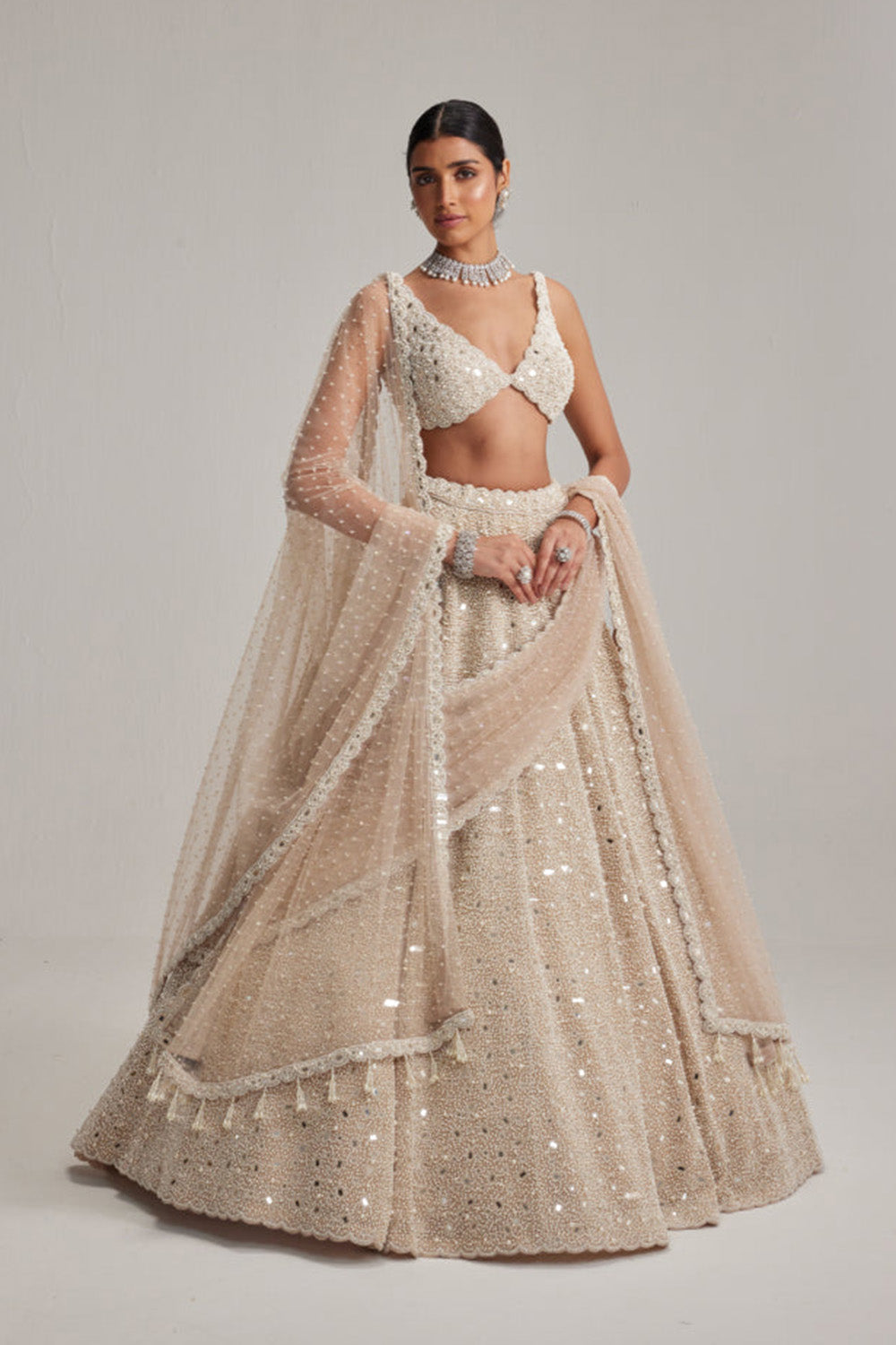 Light Beige Dense mirror and pearl lehenga set With Double Dupatta