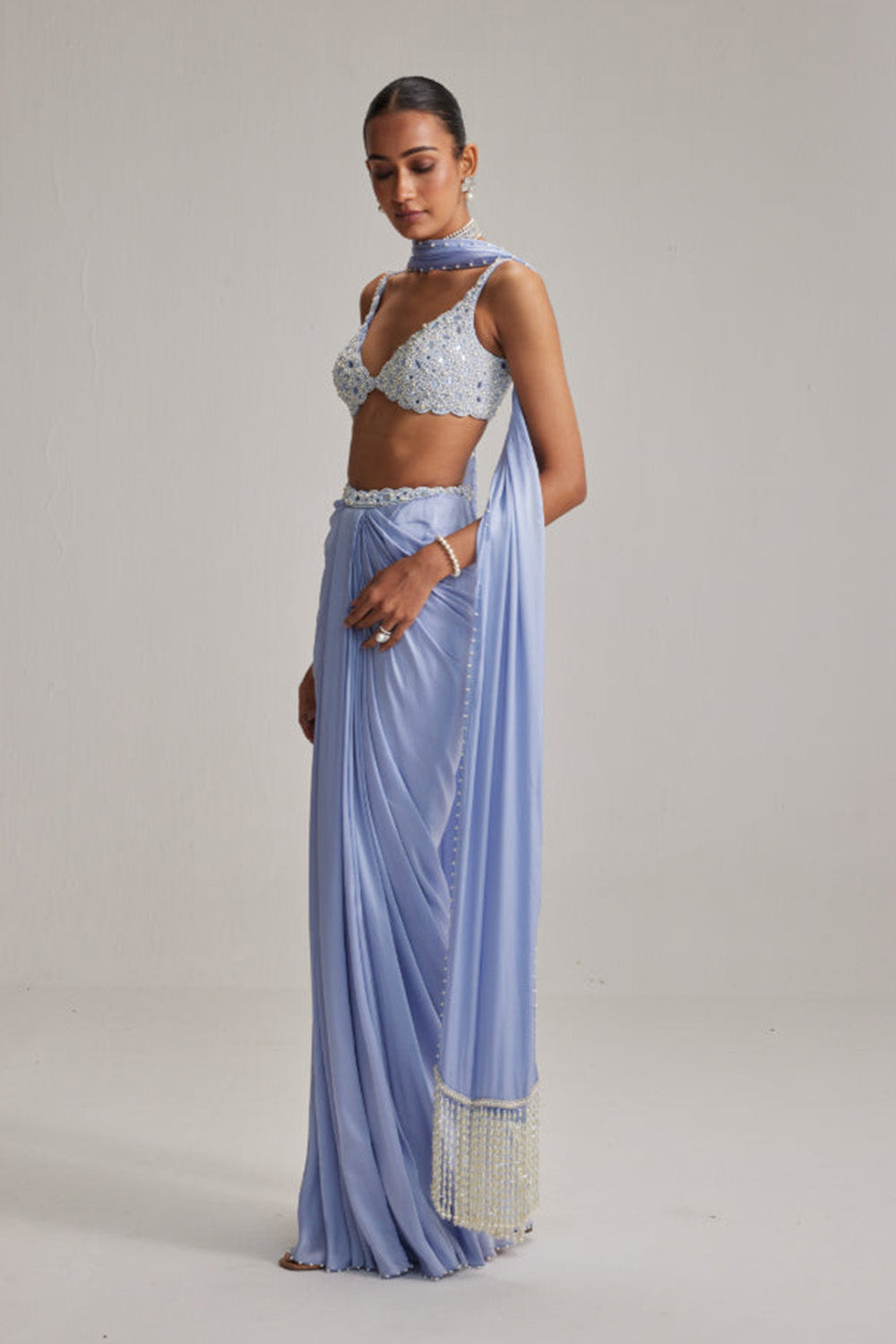Dew Blue Satin Draped Skirt Set