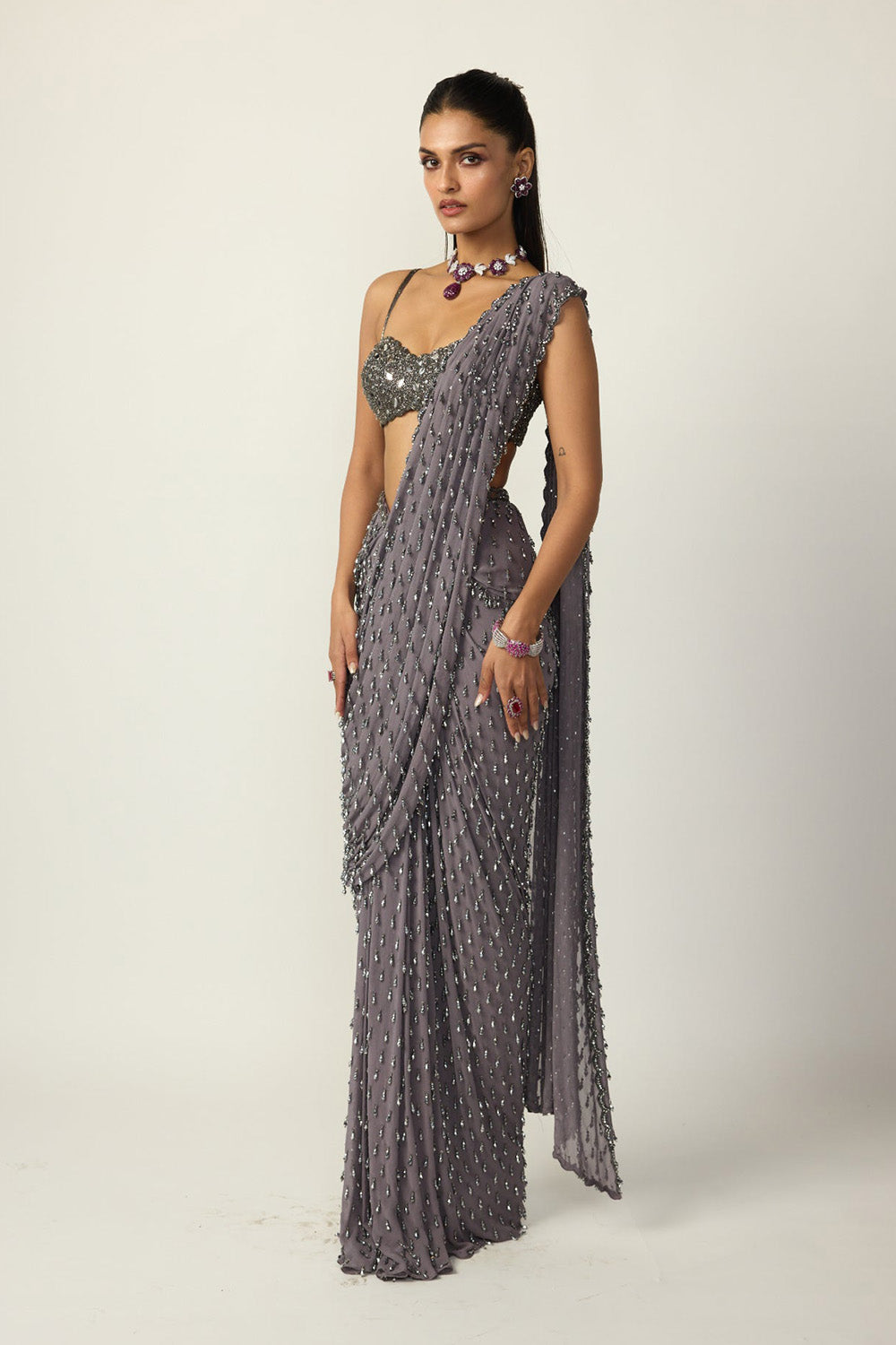 Metallic Grey Single Drop Draped Saree Set