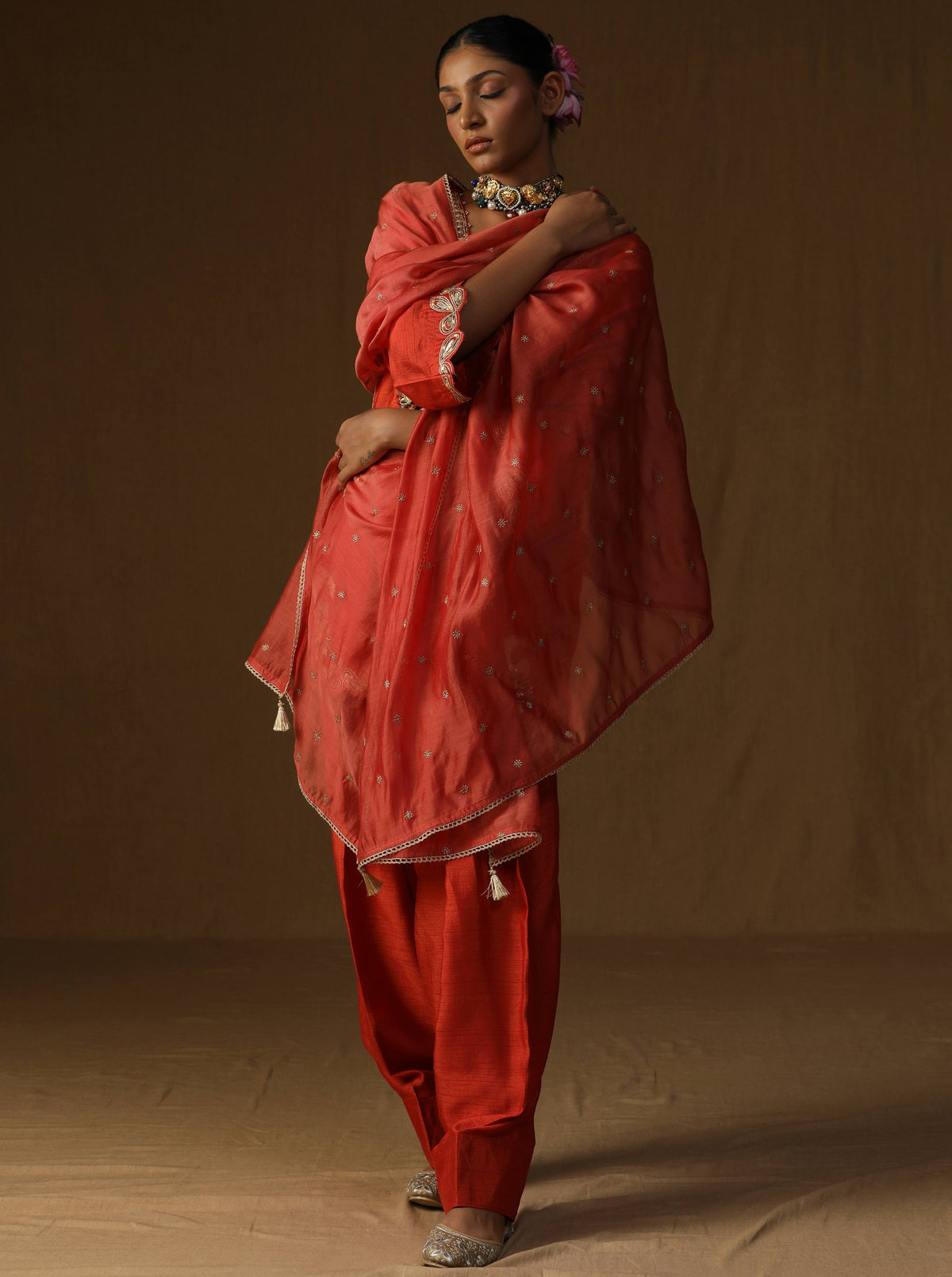 Vrind?  Kesariya Embroidered Suit Set