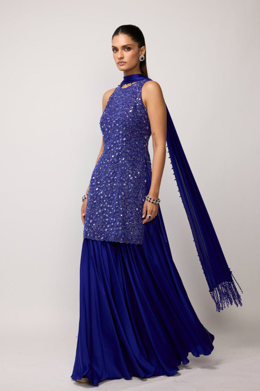 Cocktail Blue Satin Sharara Set