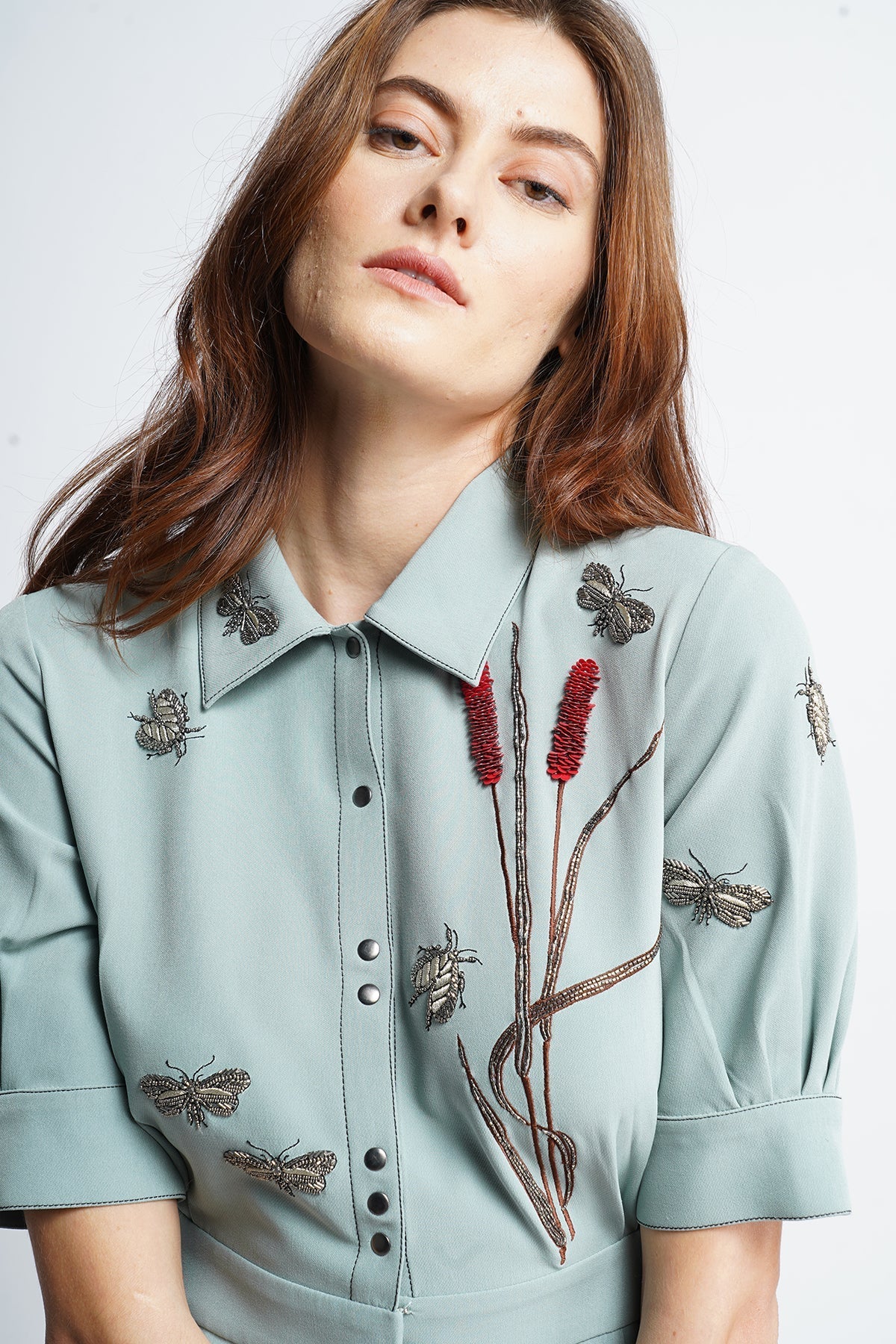 Grass And Insects Front Open Side Pleated Dress