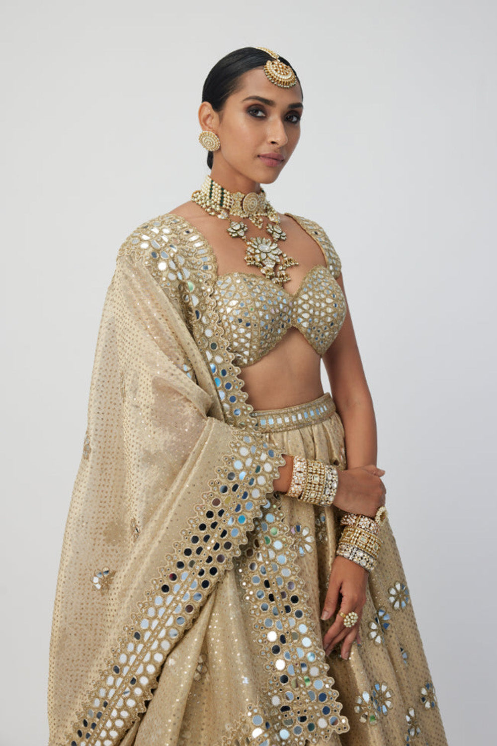 Golden Shimmer Organza Flower Lehenga Set