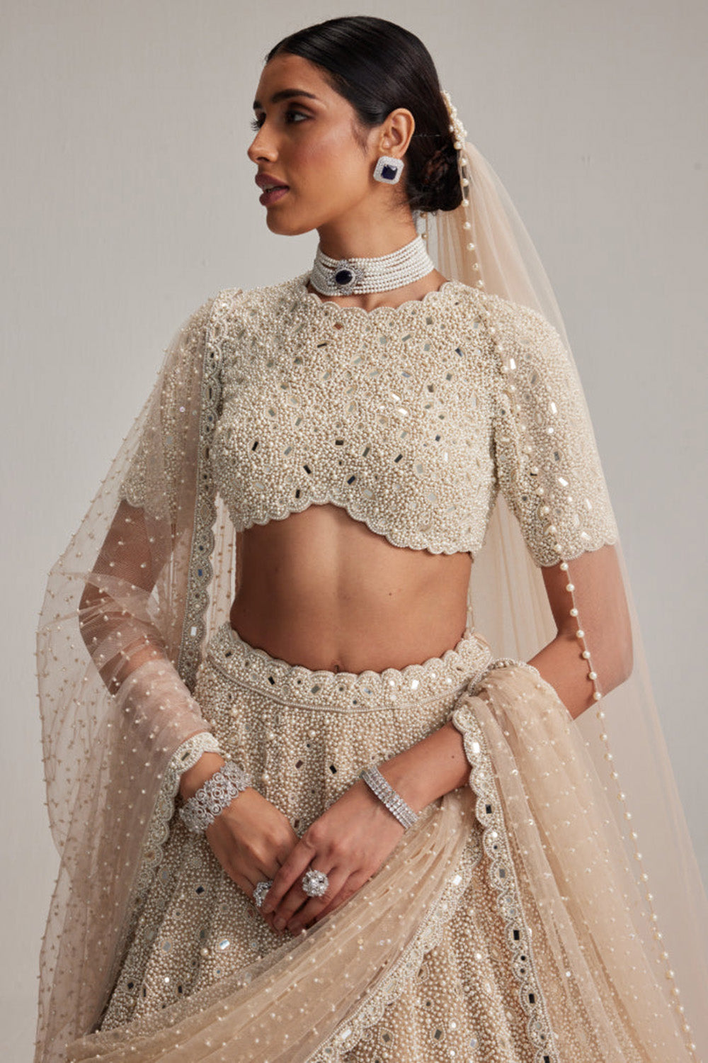 Light Beige Dense Pearl and mirror Lehenga Set with High Neck Blouse, Double Dupatta and Veil