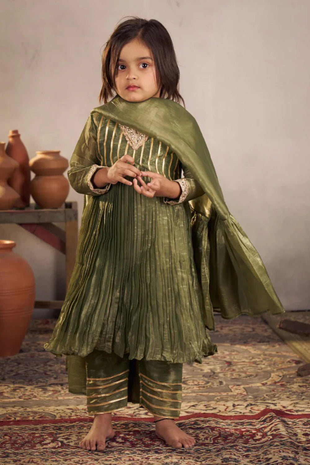 OLIVE GREEN GOTA ANARKALI SET
