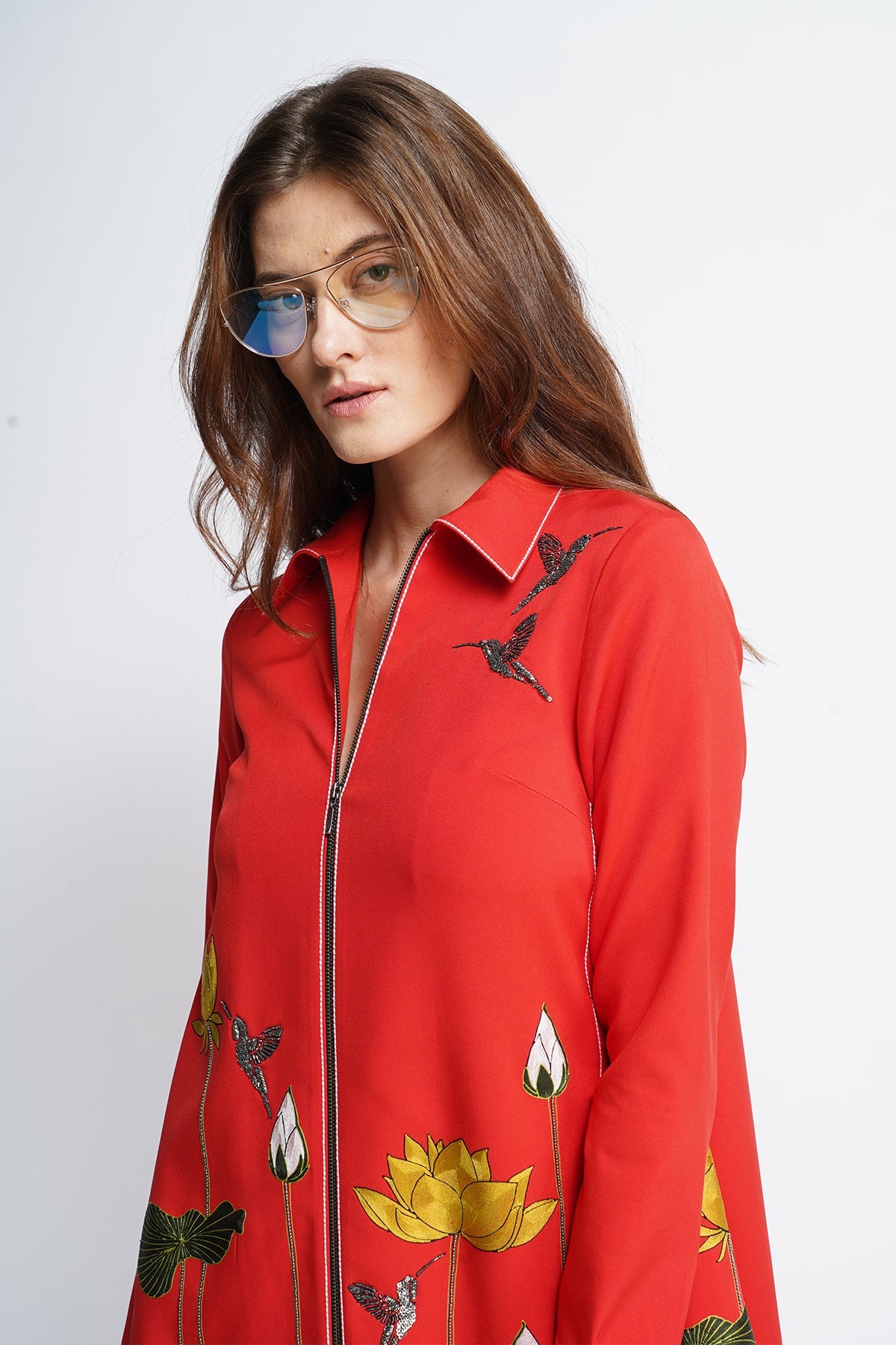 Lotus And Humming Bird Side Triangle Shirt Dress