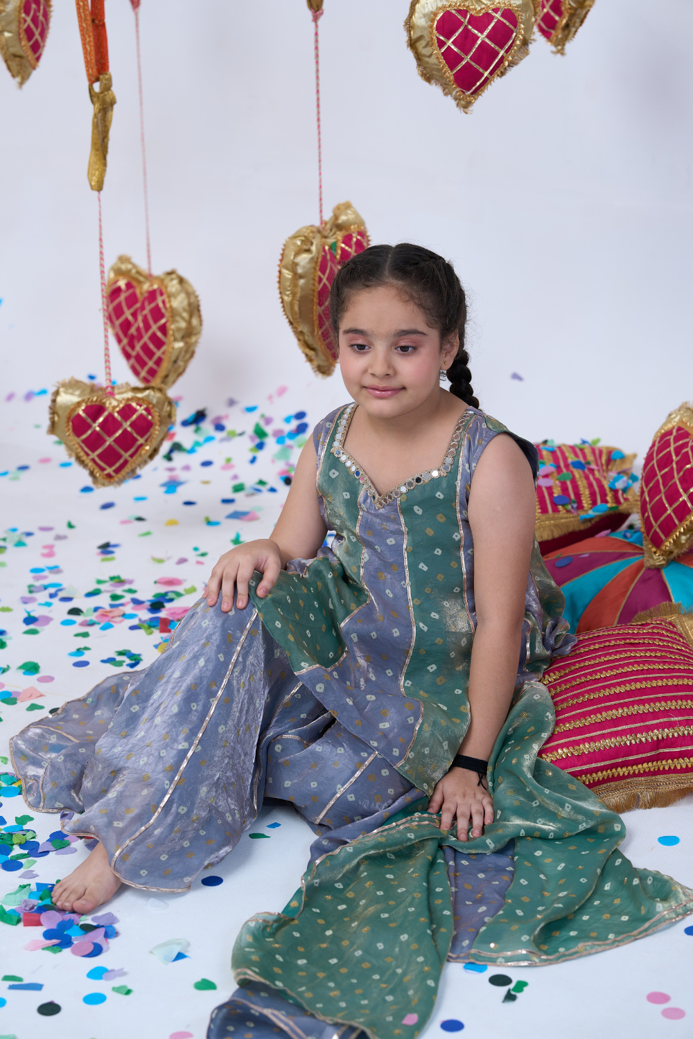 GREEN AND GREY BANDHANI SHARARA