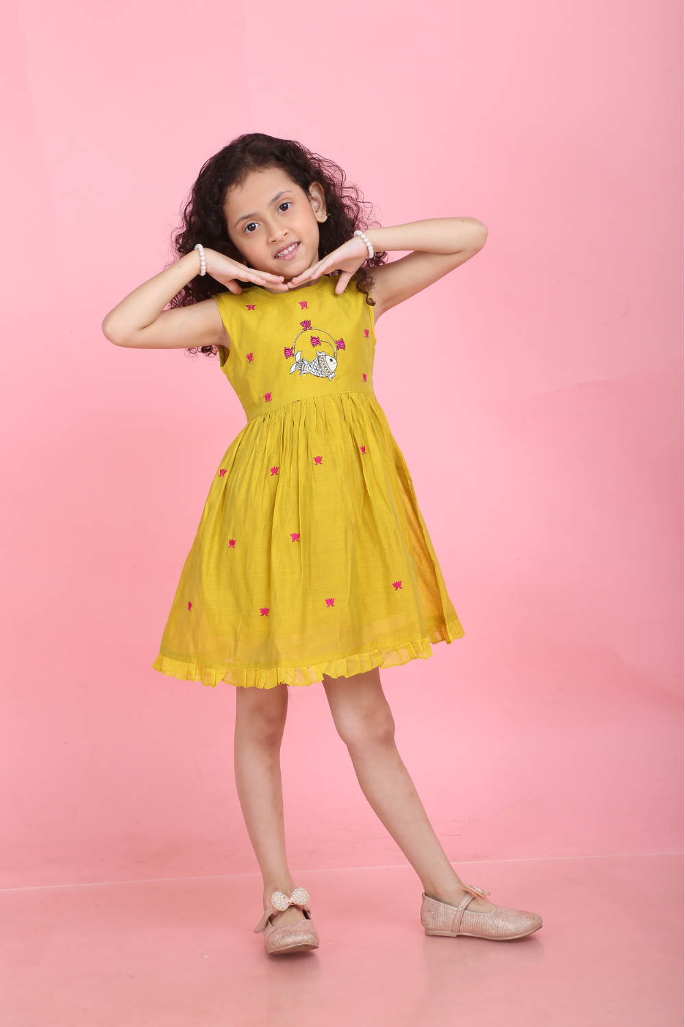 MUSTARD PICHWAI FISH AND LOTUS DRESS