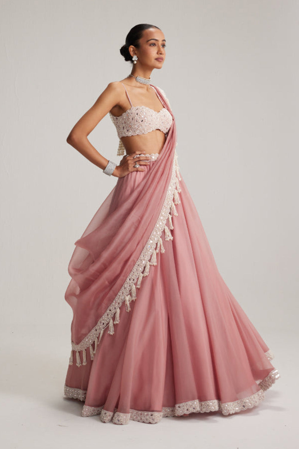 Dusty Rose Organza mirror and pearl lehenga set
