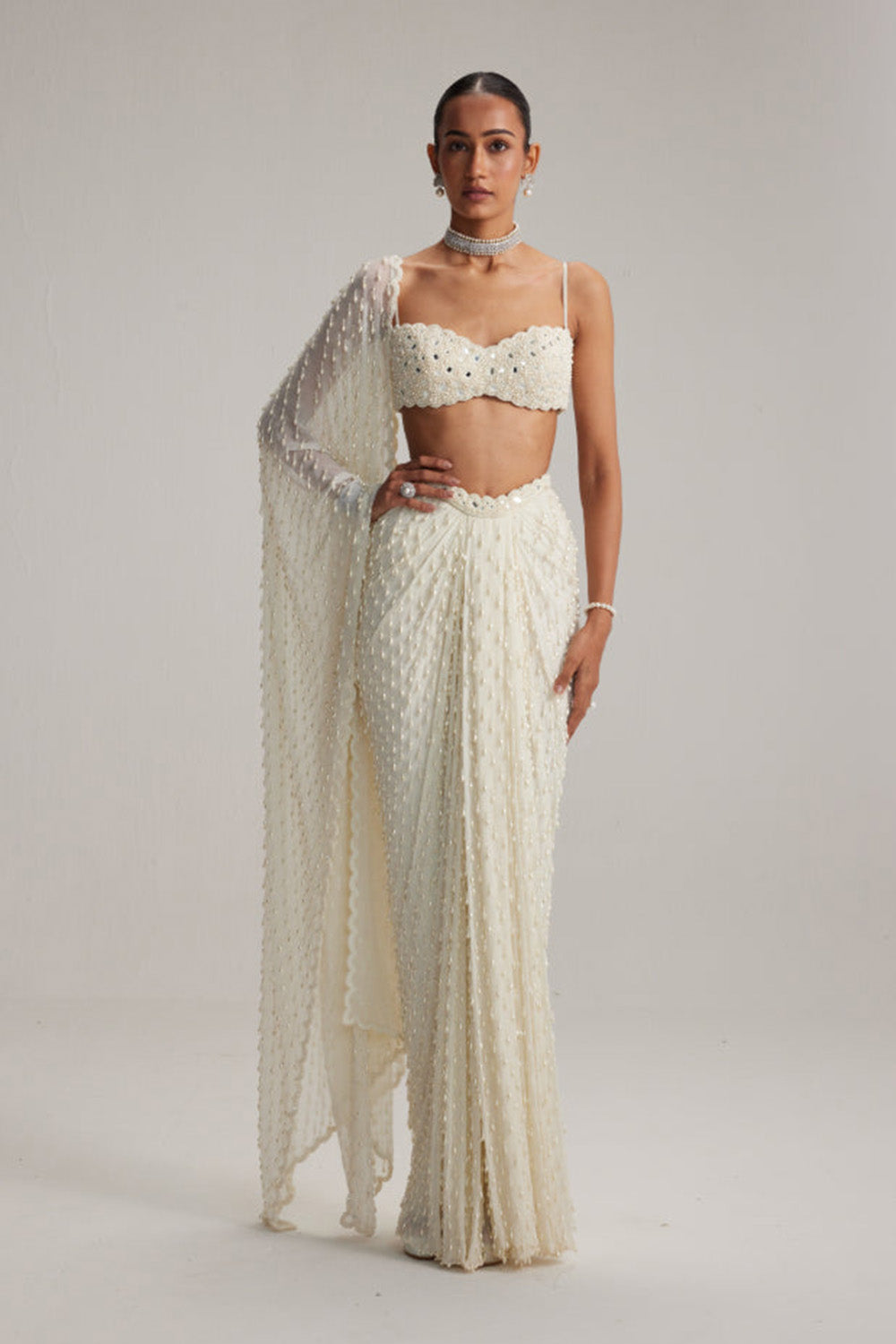 Pearl White Dense Drop Draped Skirt set