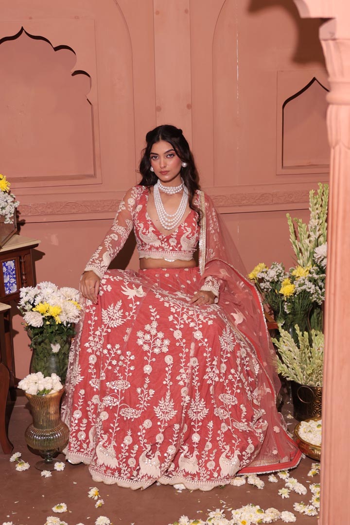 Rose Blush Embroidered Peacock Lehenga Set