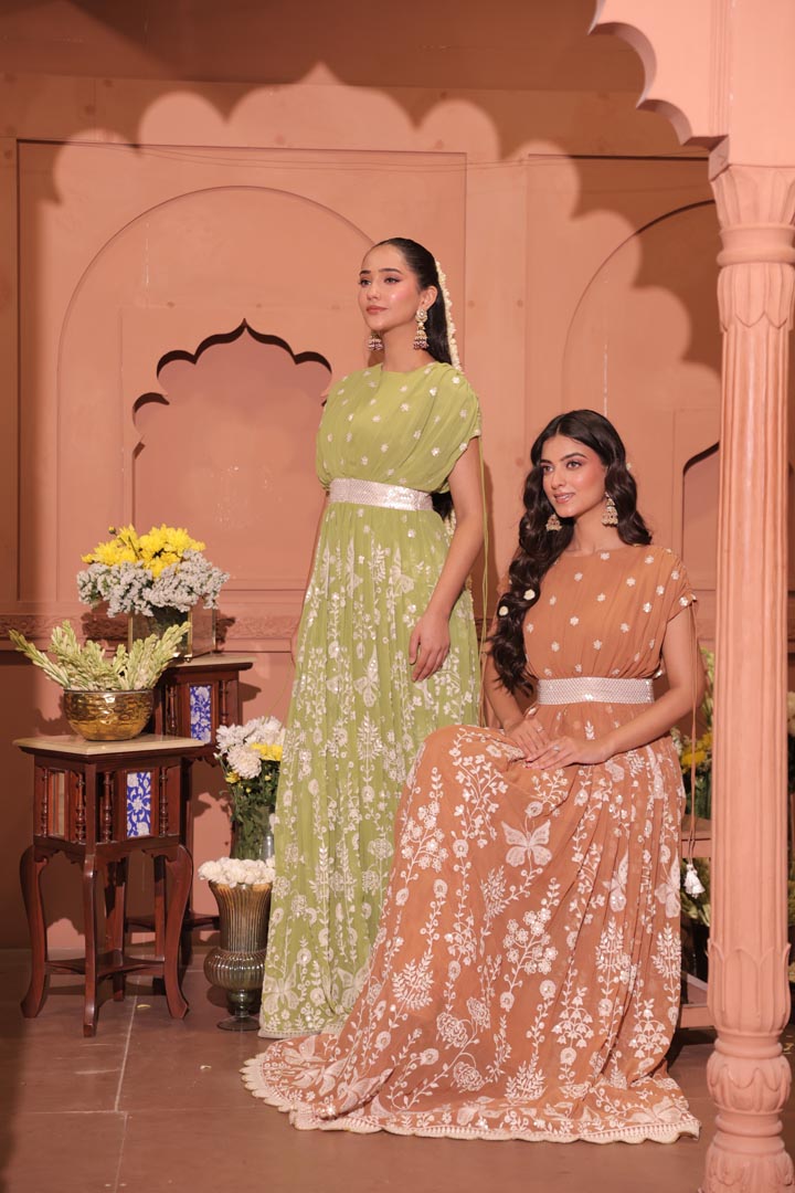 Mocha Blossom Embroidered Georgette Saree Set