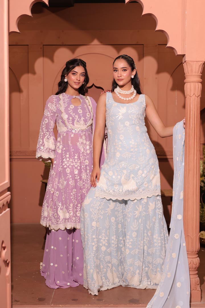 Powder Blue Peacock Embroidered Sharara Set