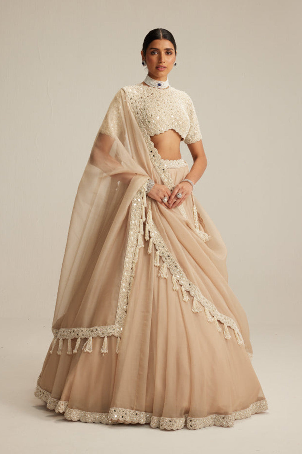 Light Beige High Neck Organza mirror and pearl lehenga set