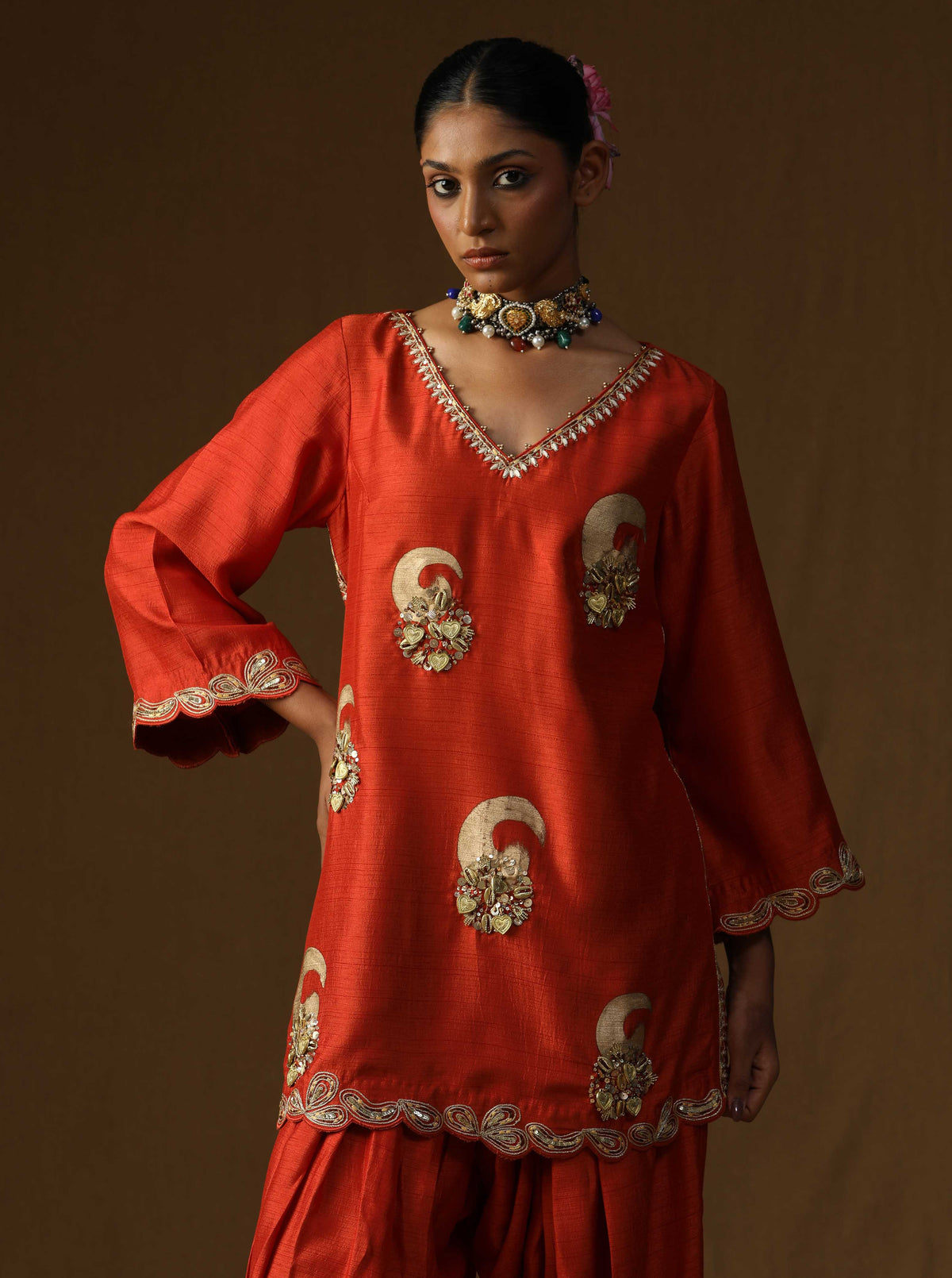 Vrind?  Kesariya Embroidered Suit Set