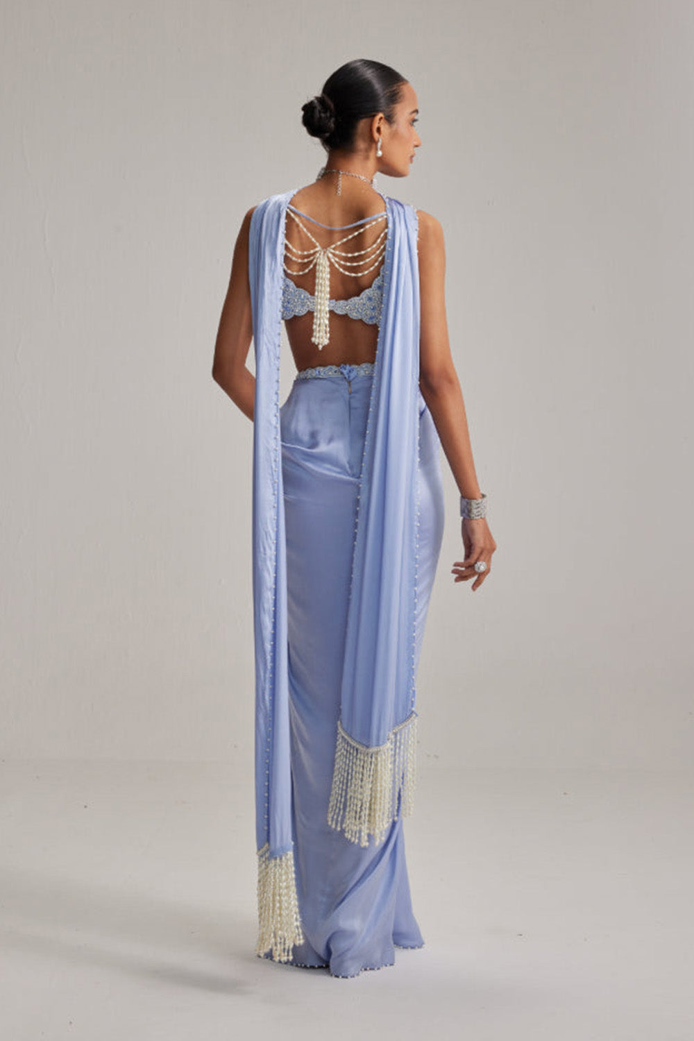 Dew Blue Satin Draped Skirt Set