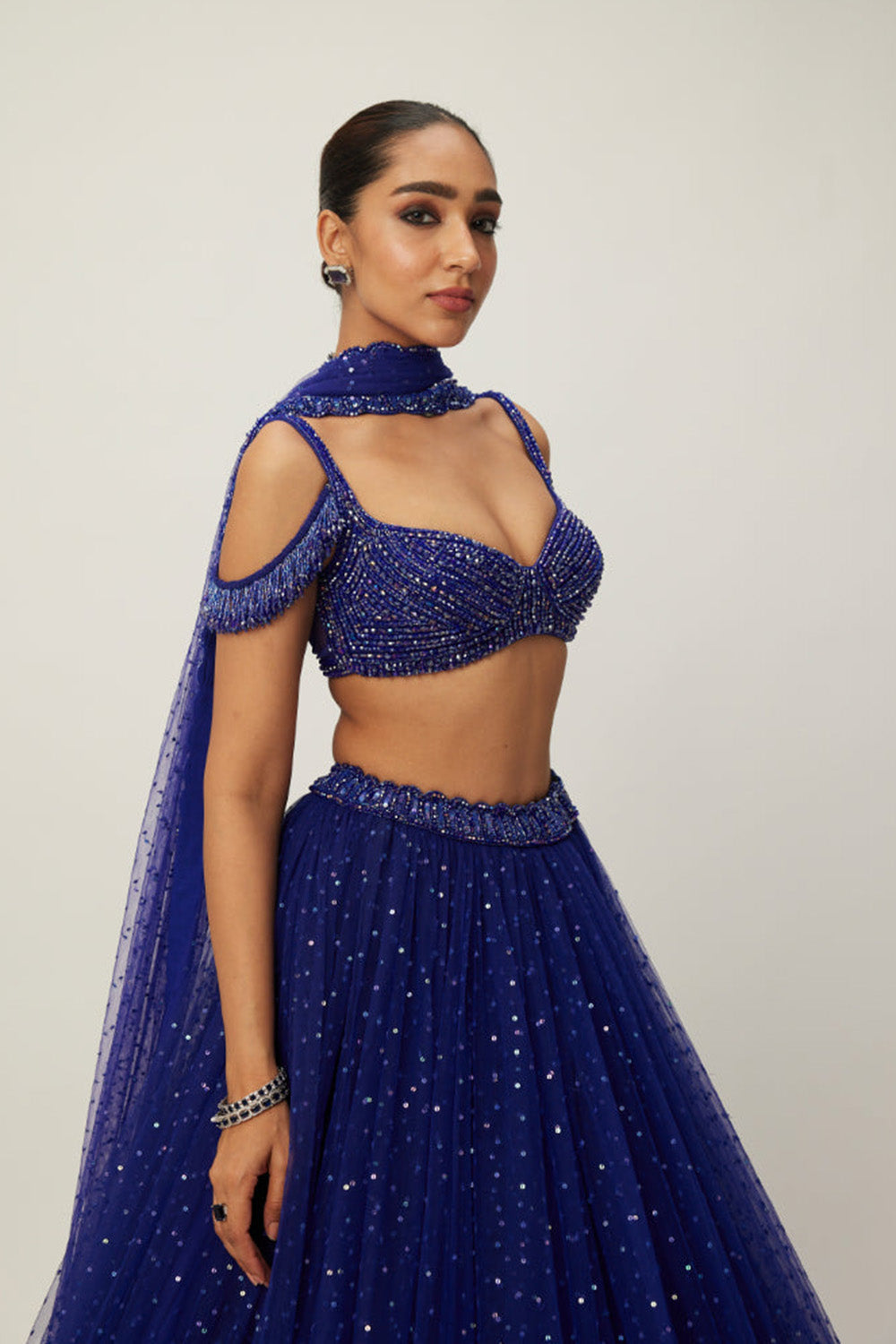 cocktail Blue Sequins Scattered Tulle Lehenga Set