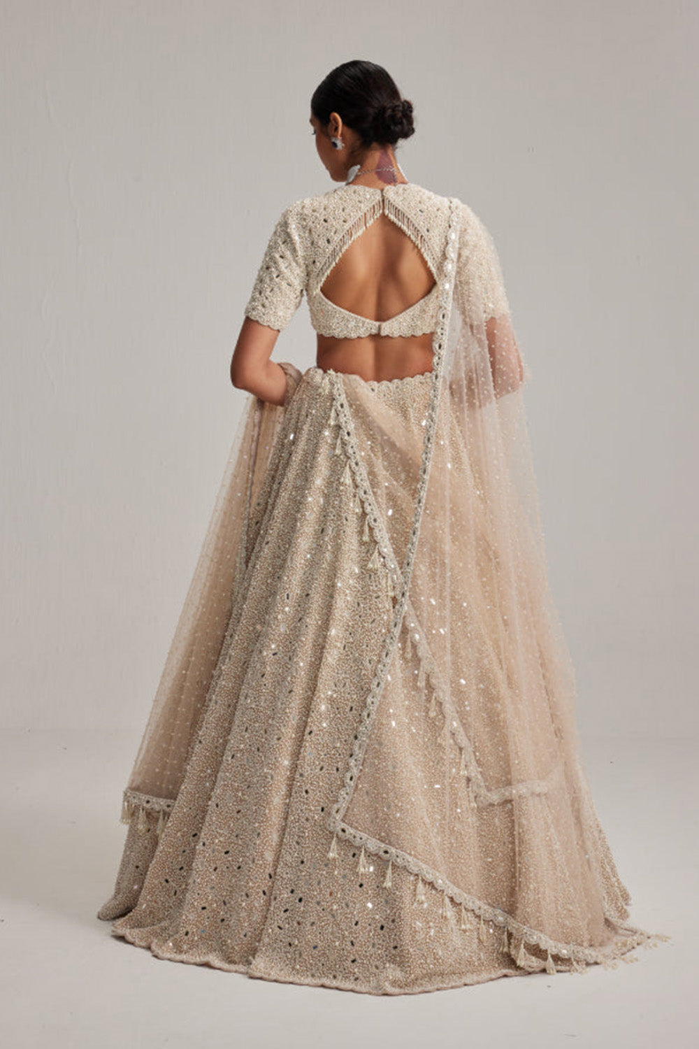 Light Beige Dense Pearl and mirror Lehenga Set with High Neck Blouse, Double Dupatta and Veil