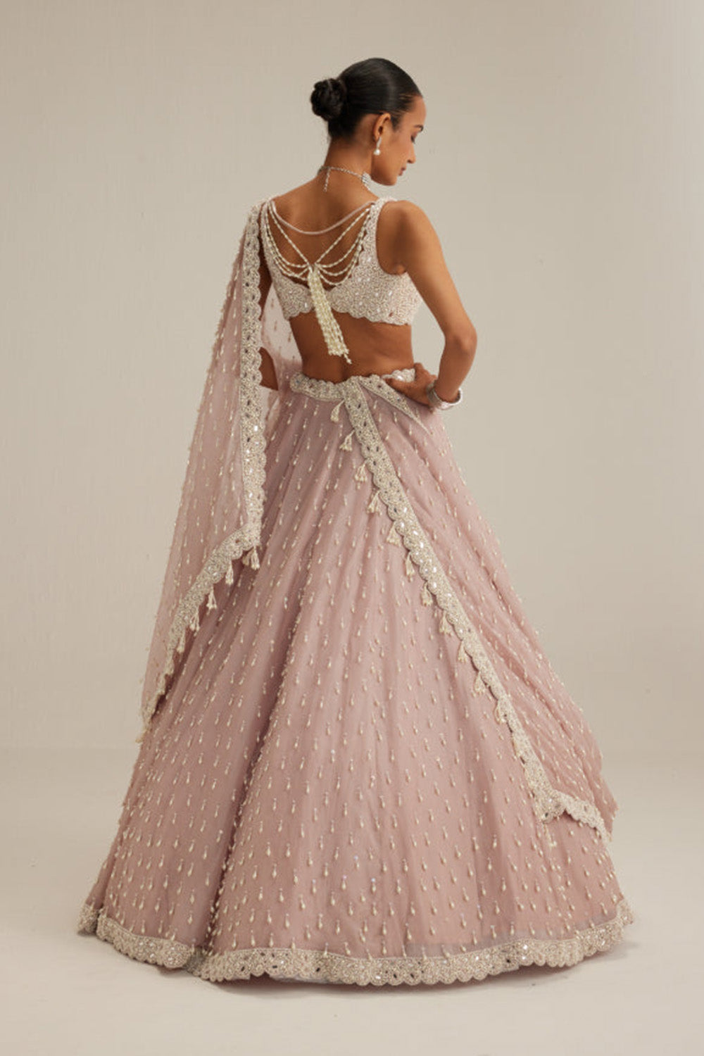 Ash Pink Pearl Drop Organza Lehenga Set