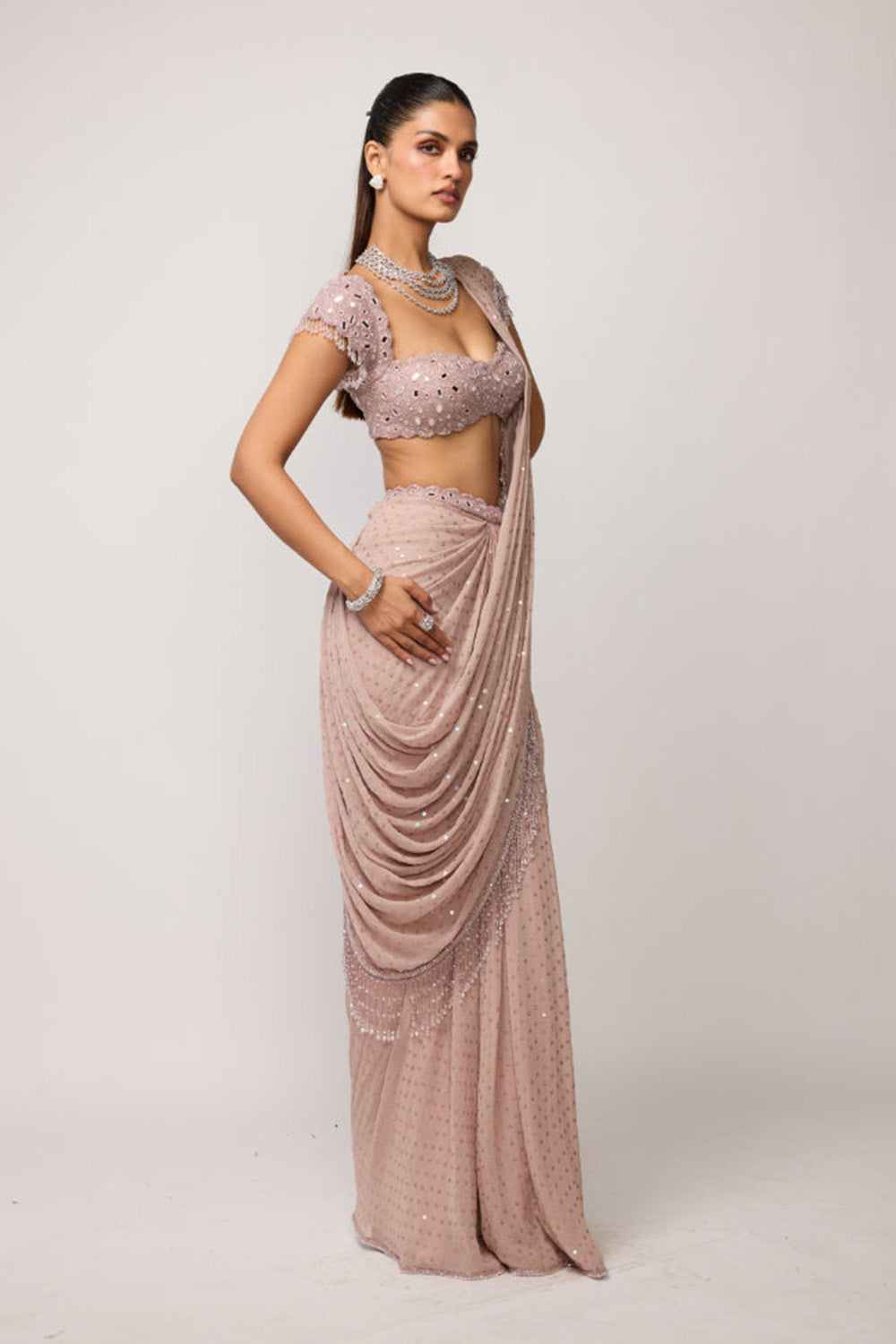 Ash Pink Sequins Embroidered Draped Saree Set