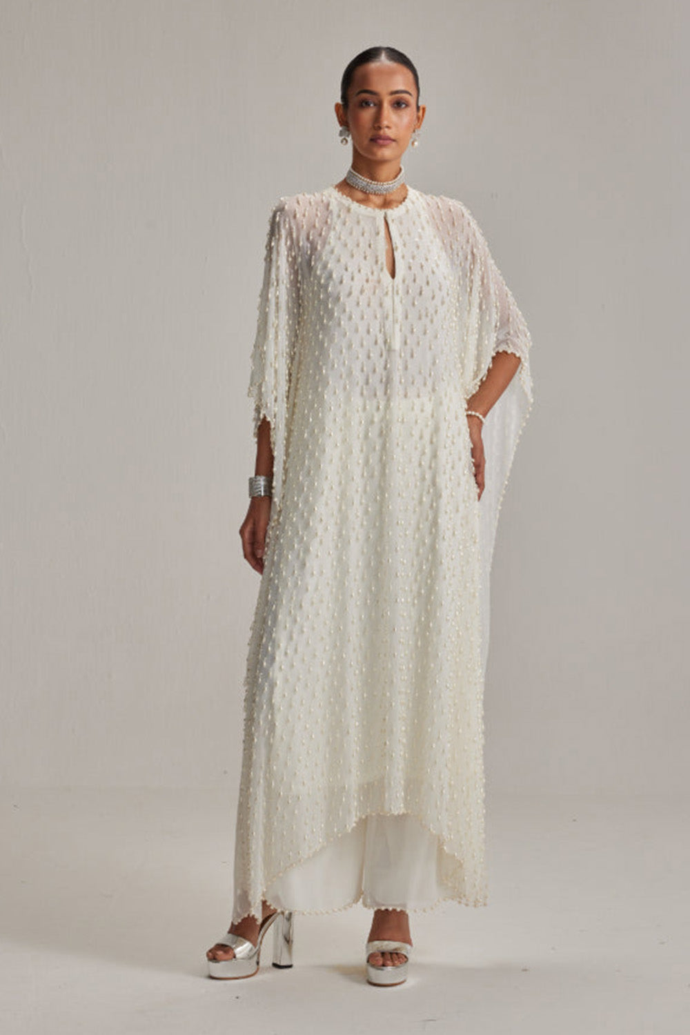 Off White Pearl Drop Kaftaan set