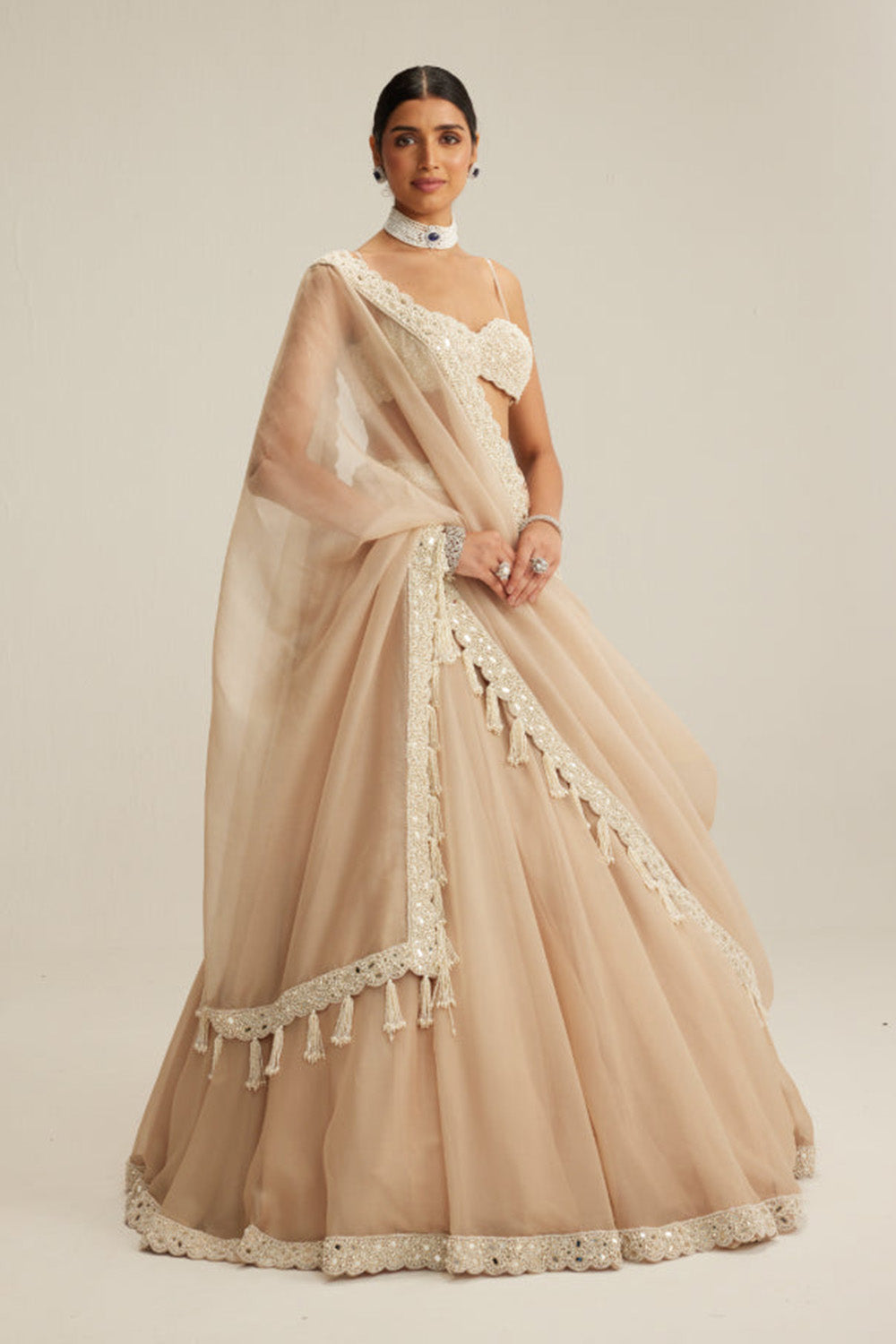 Light Beige Organza mirror and pearl lehenga set