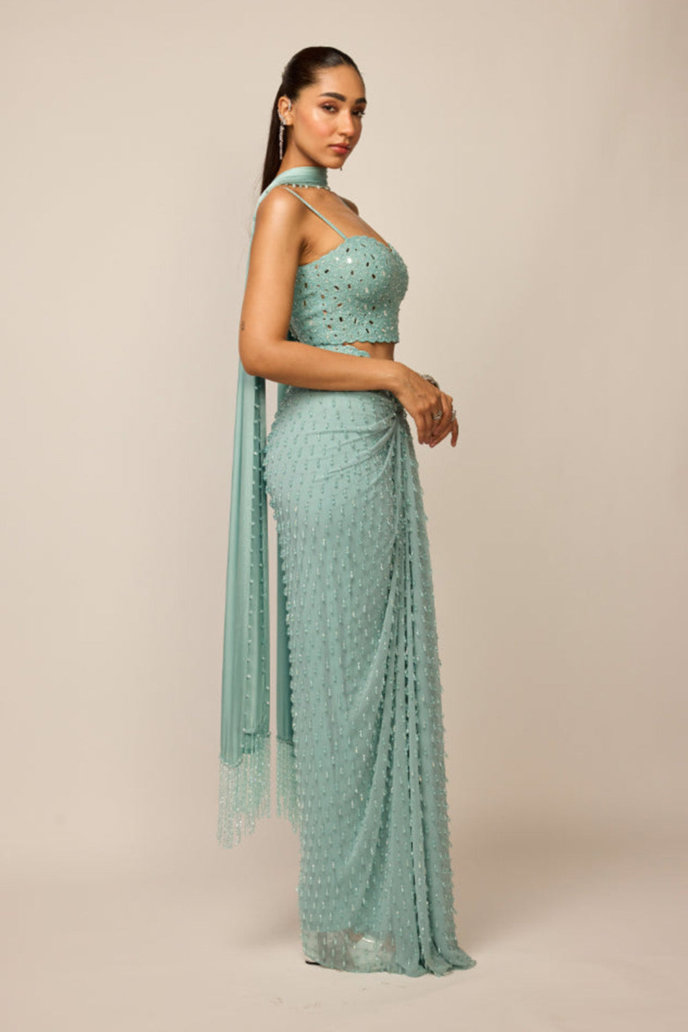 Powder Blue Satin Draped Saree Set