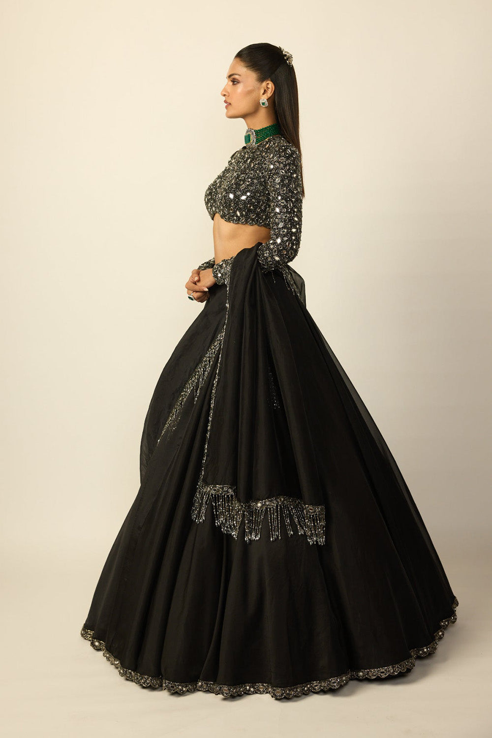 Black Tassel Dupatta Lehenga Set