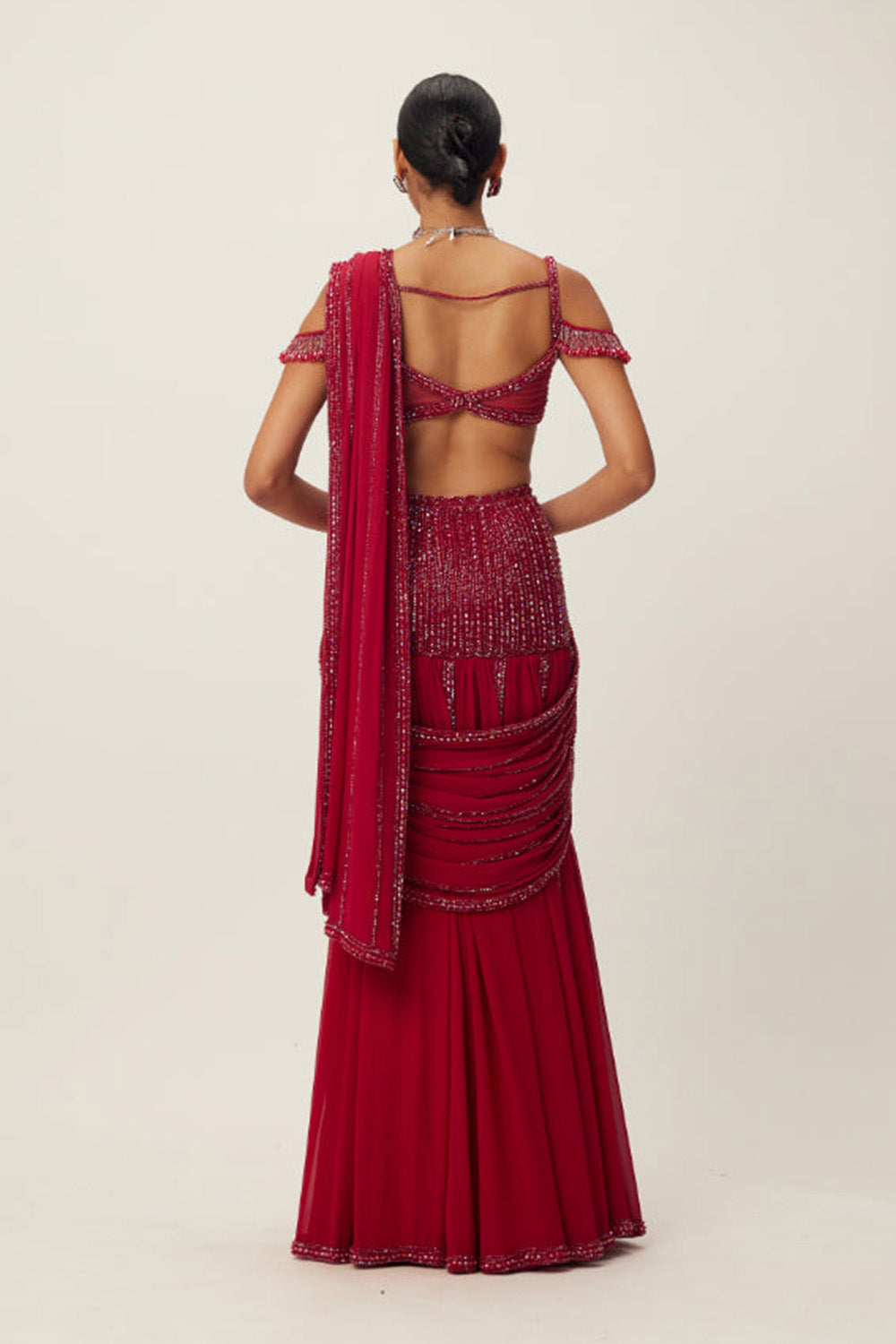 Ruby Red Pre Draped Crystal Embellished Saree Set