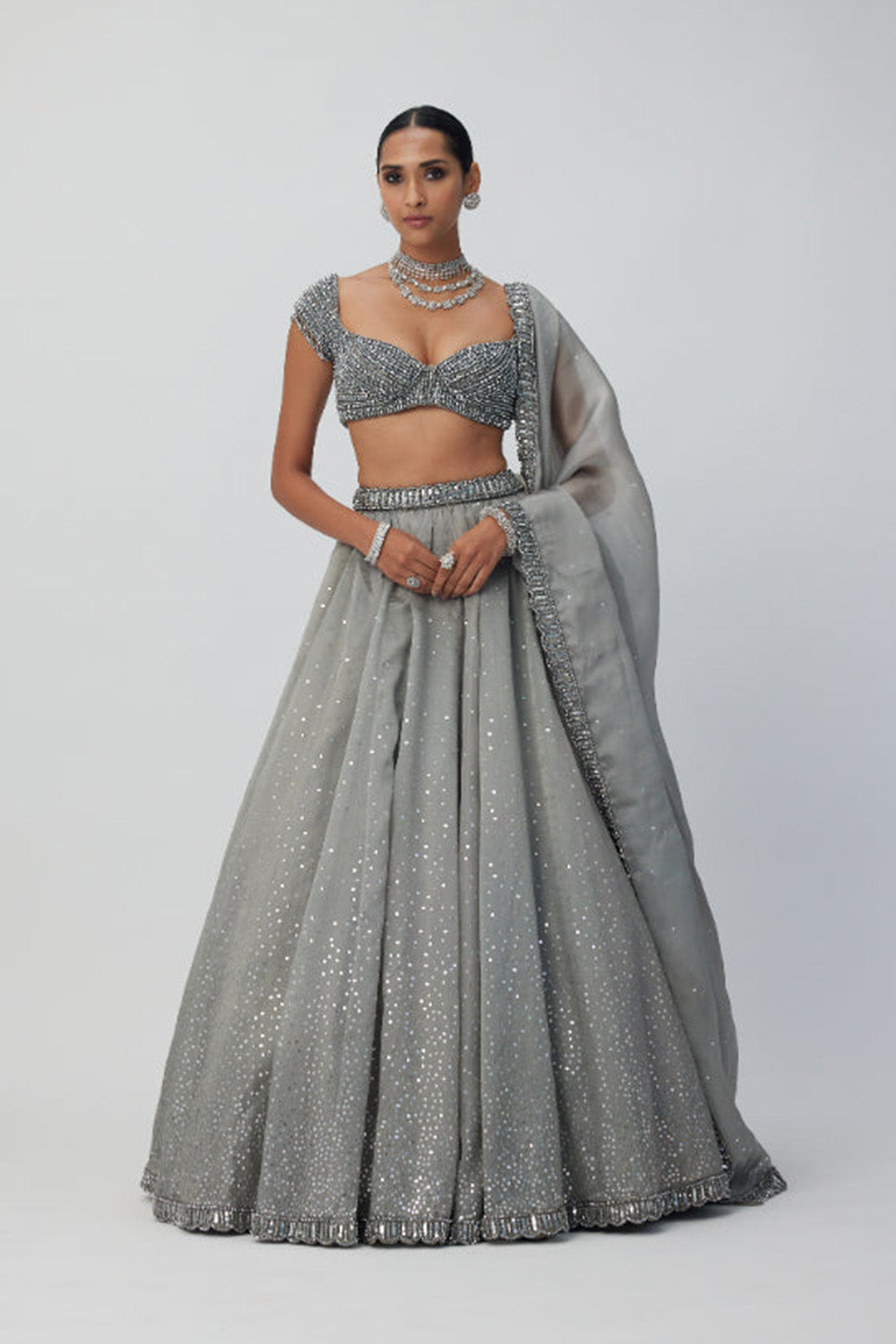 Crystal Grey Sequins Scattered Organza Lehenga Set