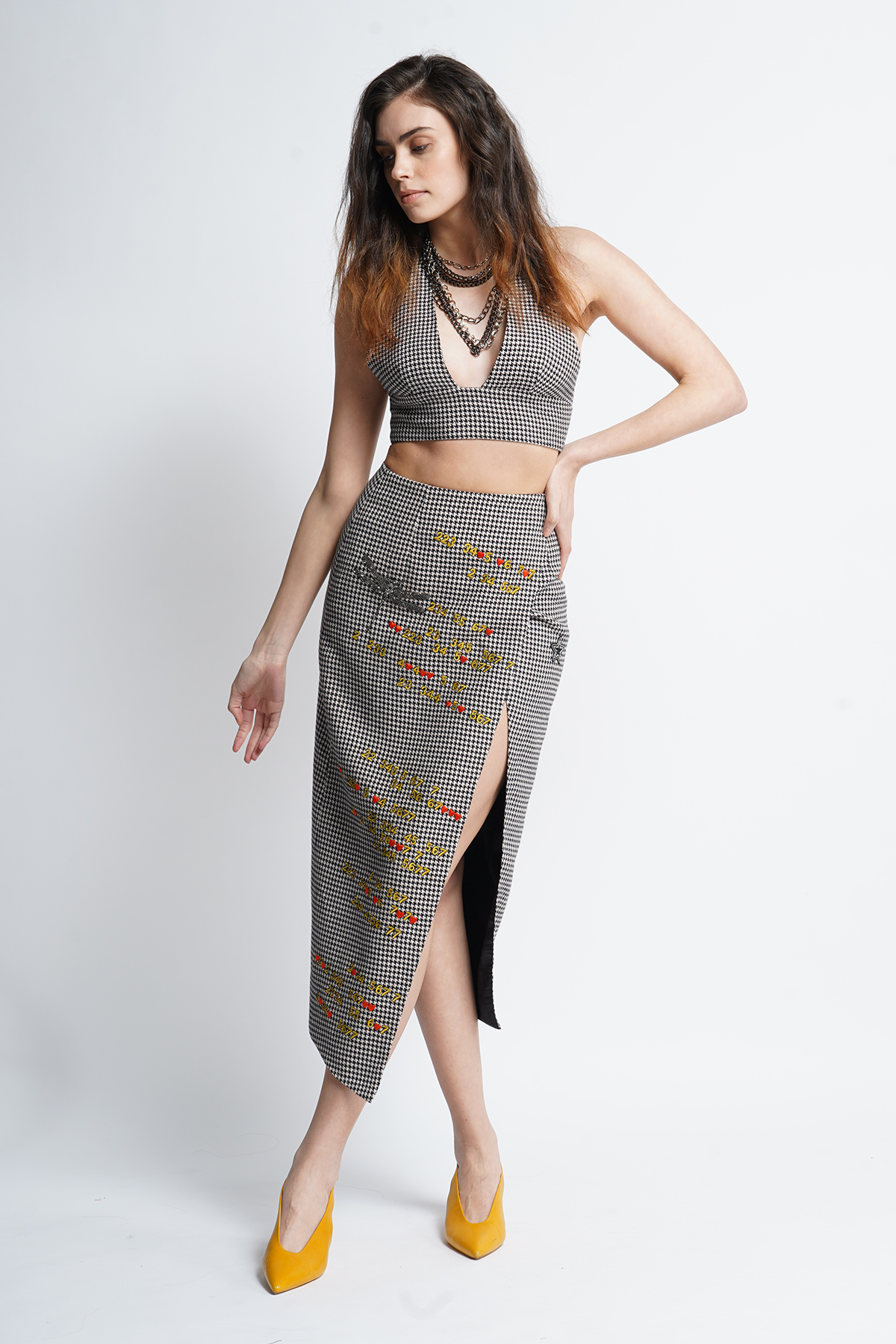 Bralette Top with Numbers Text and Dragonfly Wrap Skirt