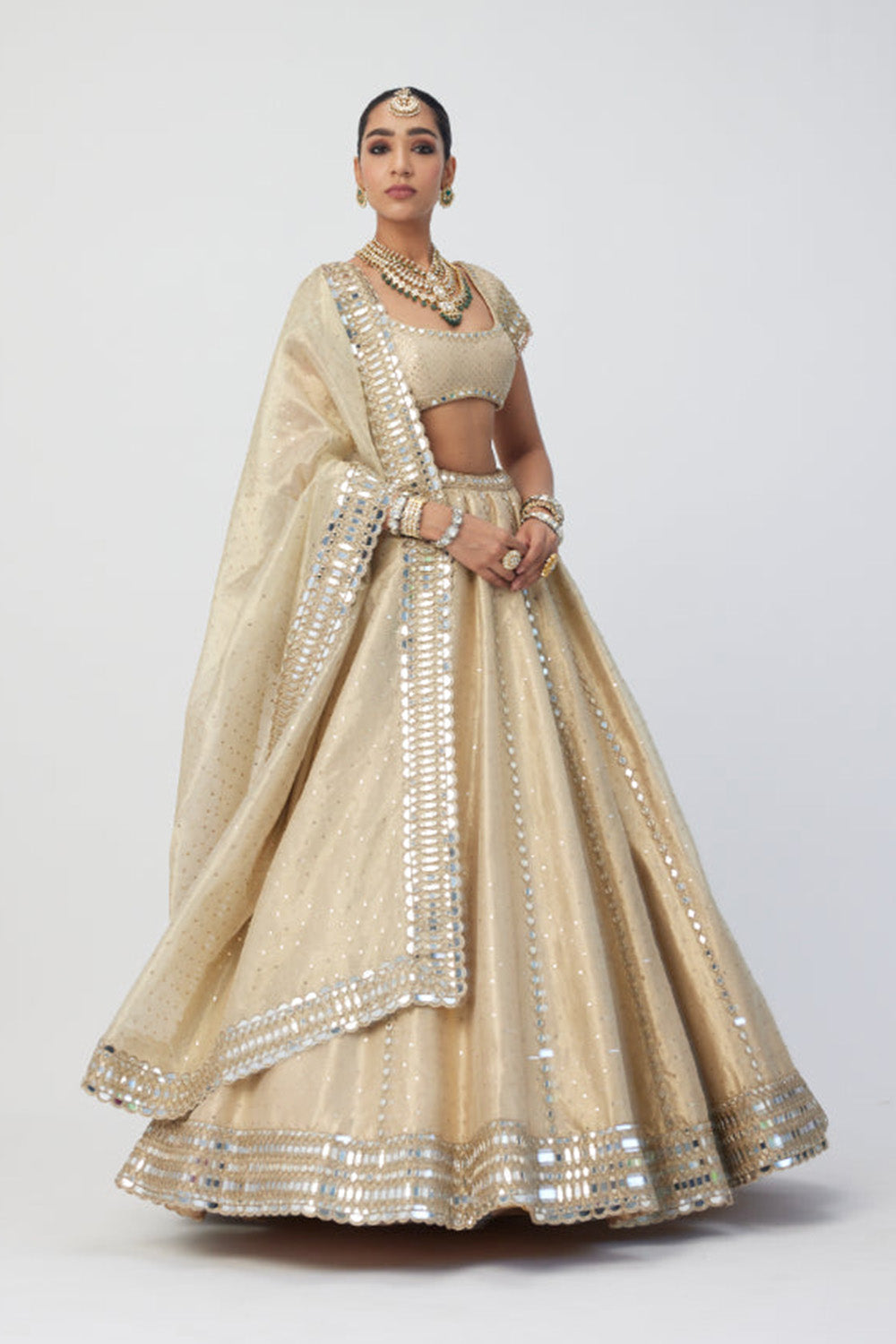 Golden Shimmer Organza Linear Lehenga Set