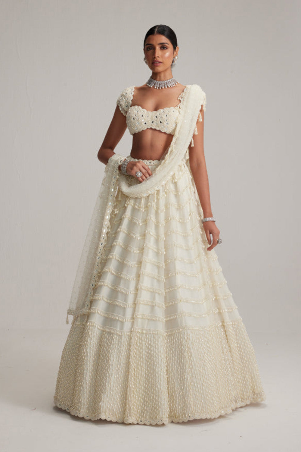 Off White Mirror and Pearl Drop Bridal lehenga set