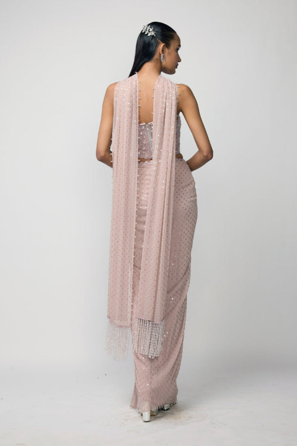 Ash Pink Draped Sequins Embroidered Skirt Set