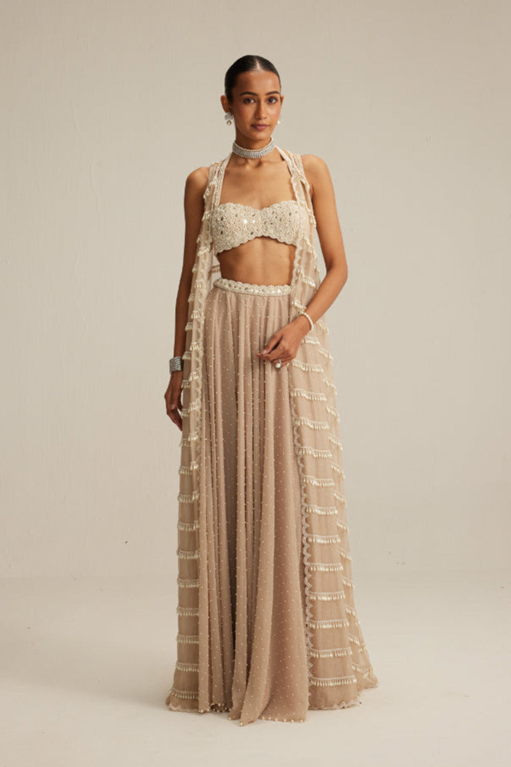 Light Beige Pearl Drop Jacket Set.