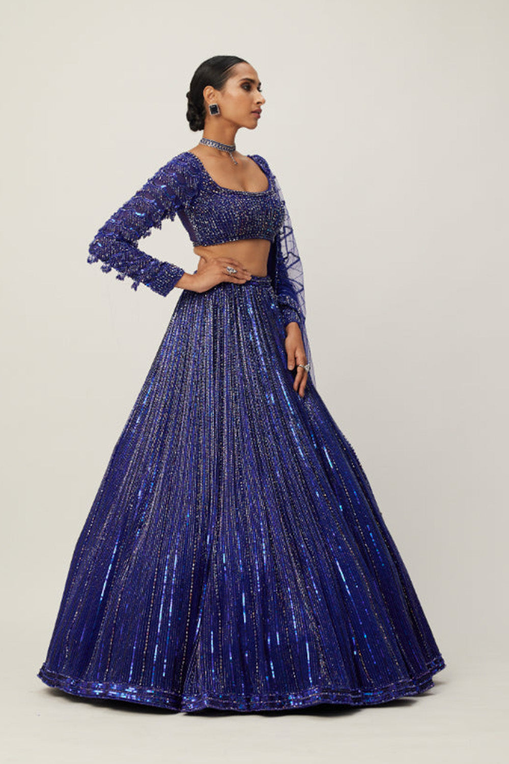 Cocktail blue Crystal linear Embroidered Lehenga Set