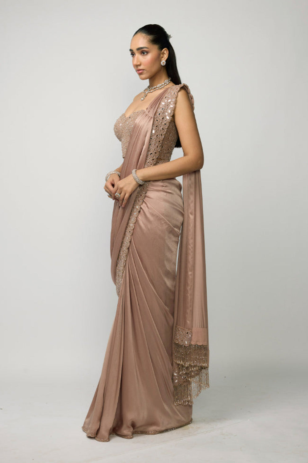 Bronze Ros� Satin Draped Saree Set