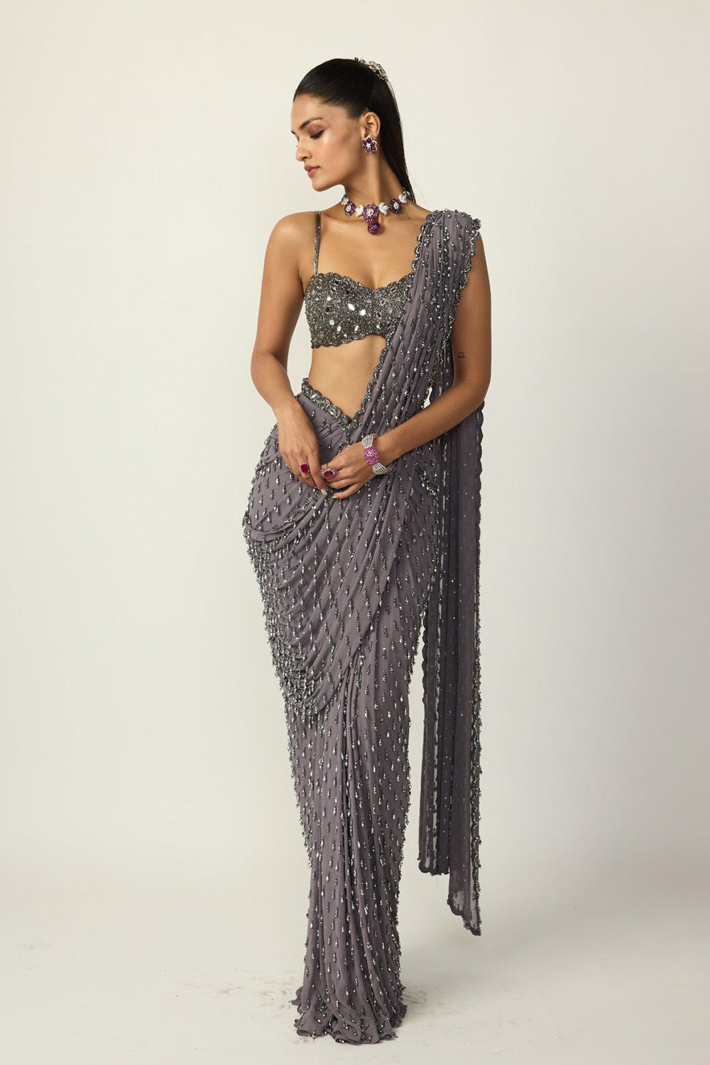 Metallic Grey Single Drop Draped Saree Set