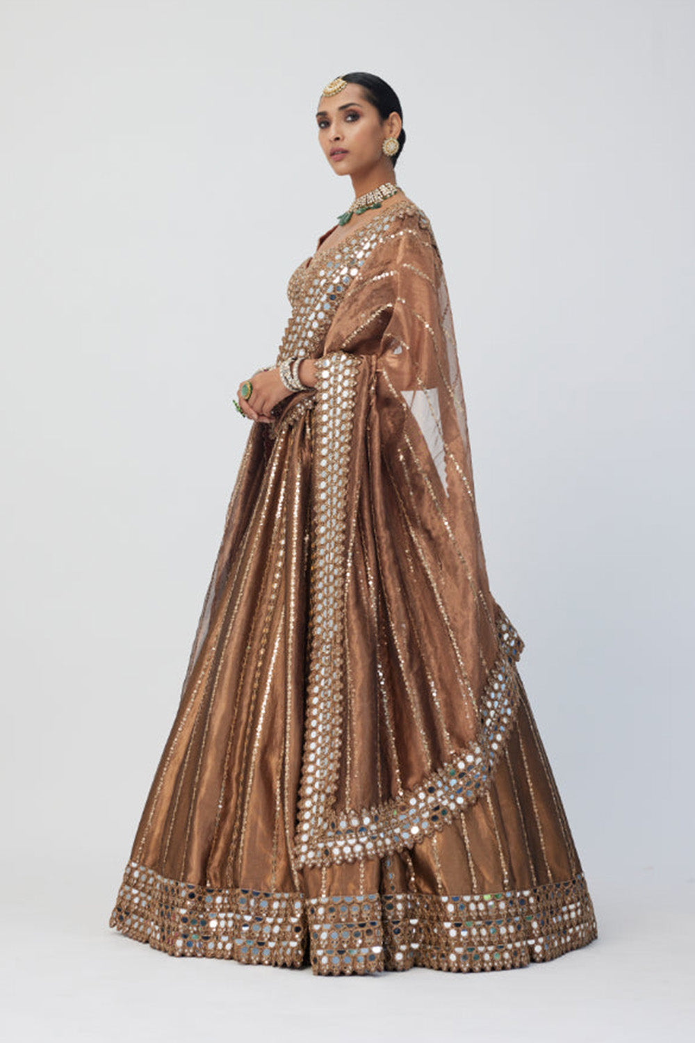 Copper Shimmer Organza Linear Lehenga Set