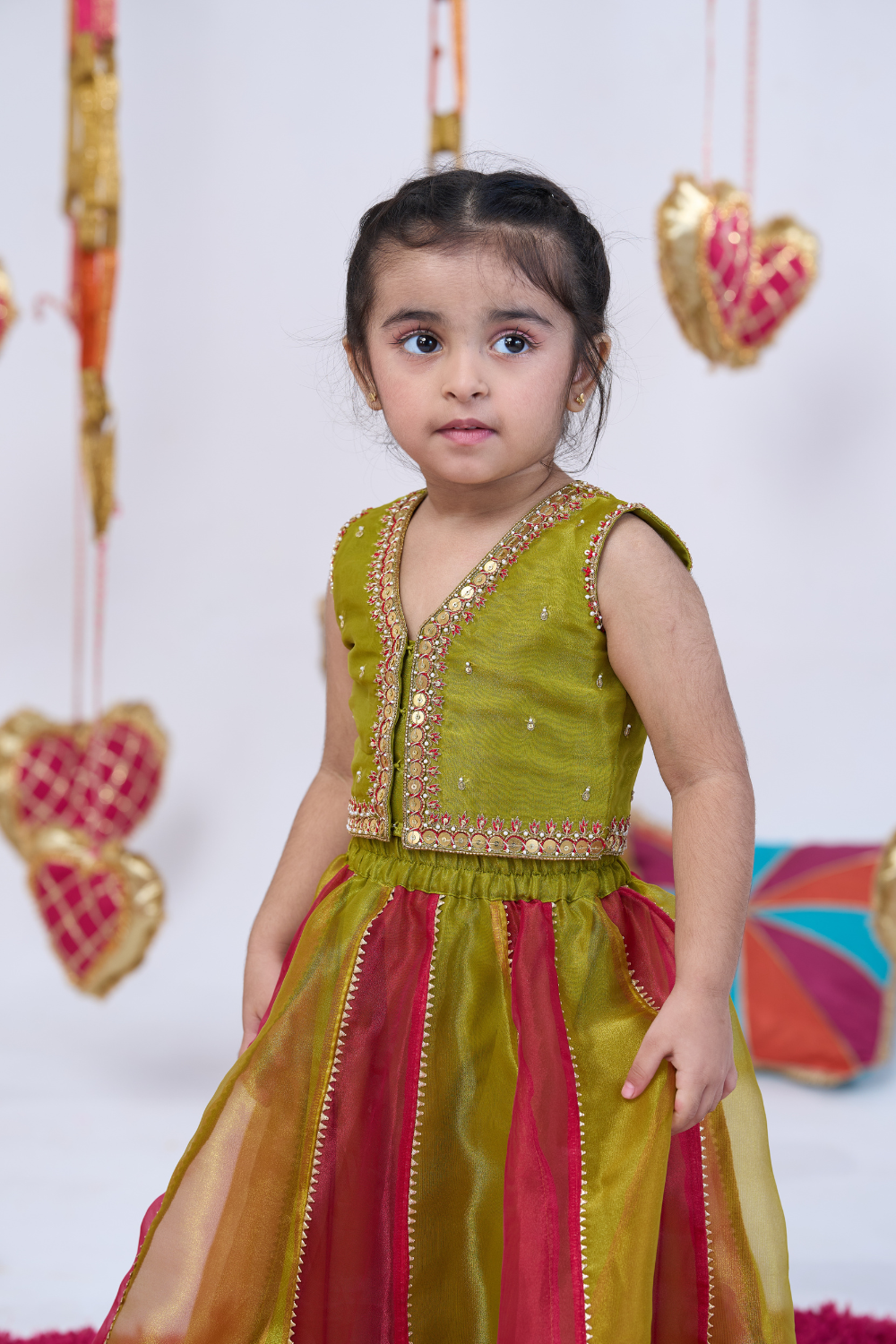 RED AND GREEN METAL WORK LEHENGA