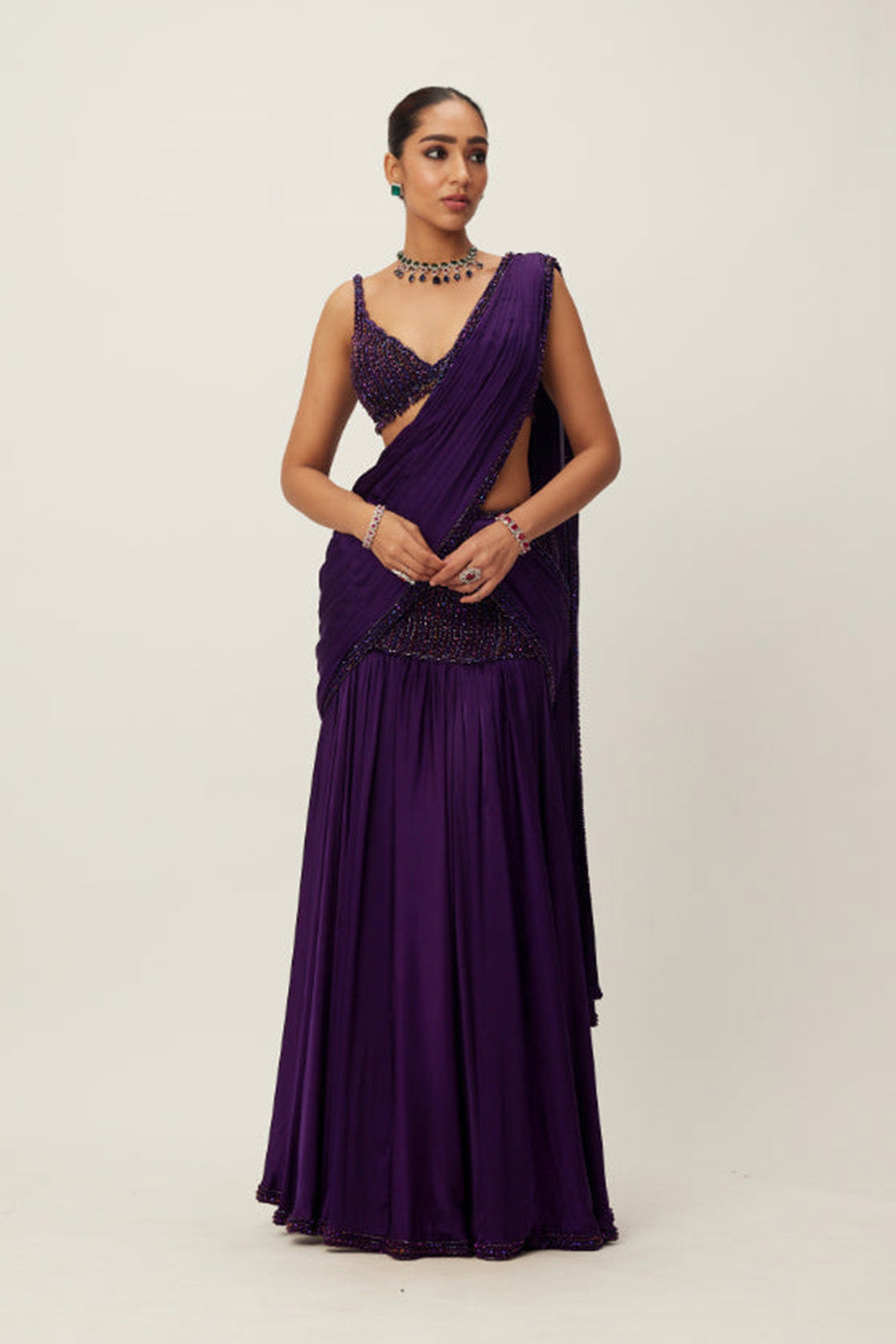 Royalty Purple Pre Draped Crystal beaded Saree Set