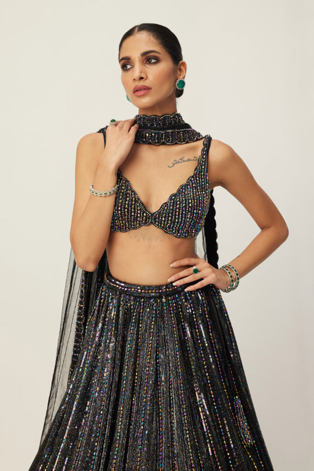 Black crystal Linear Embroidered Lehenga Set
