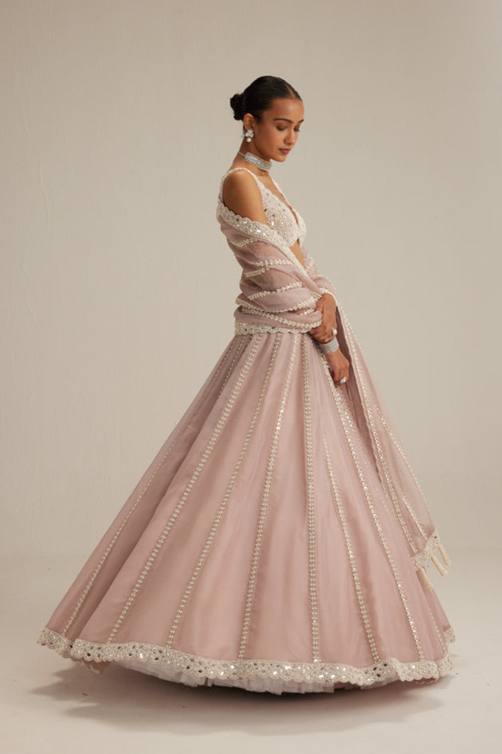 Ash Pink Pearl Mirror linear Lehenga with V neck Blouse