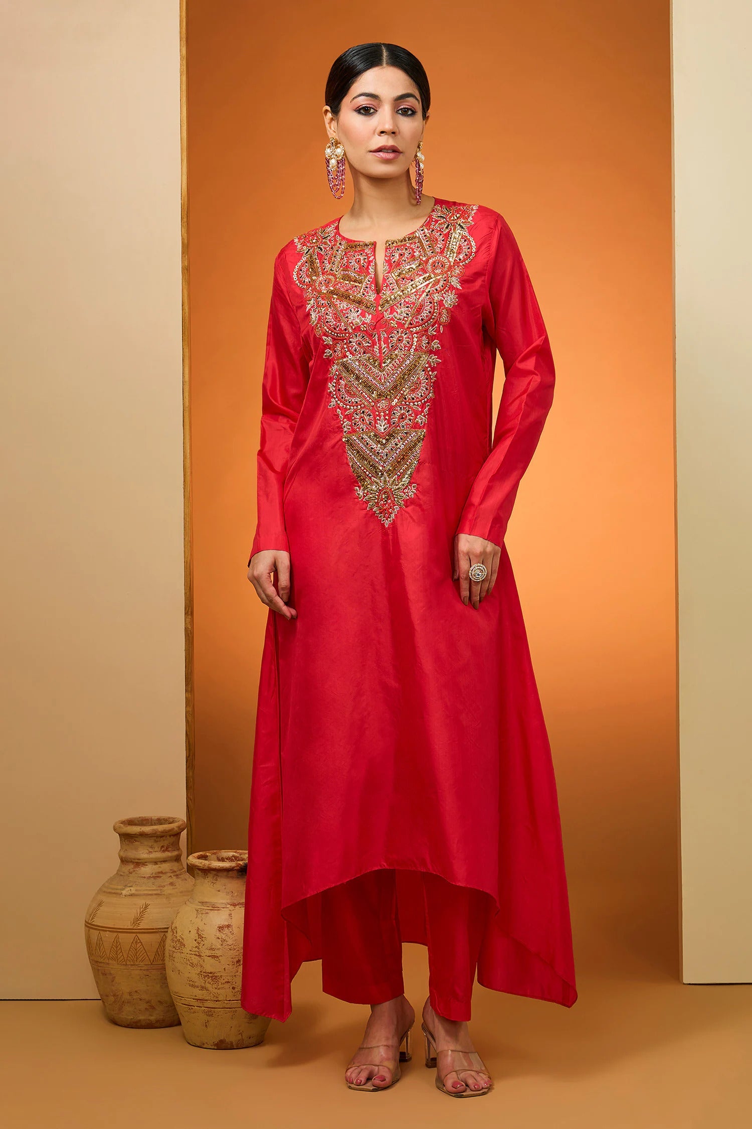 Red Silk Crepe Sequins Beads Embroidery Asymmetric Kurta And Pant Set