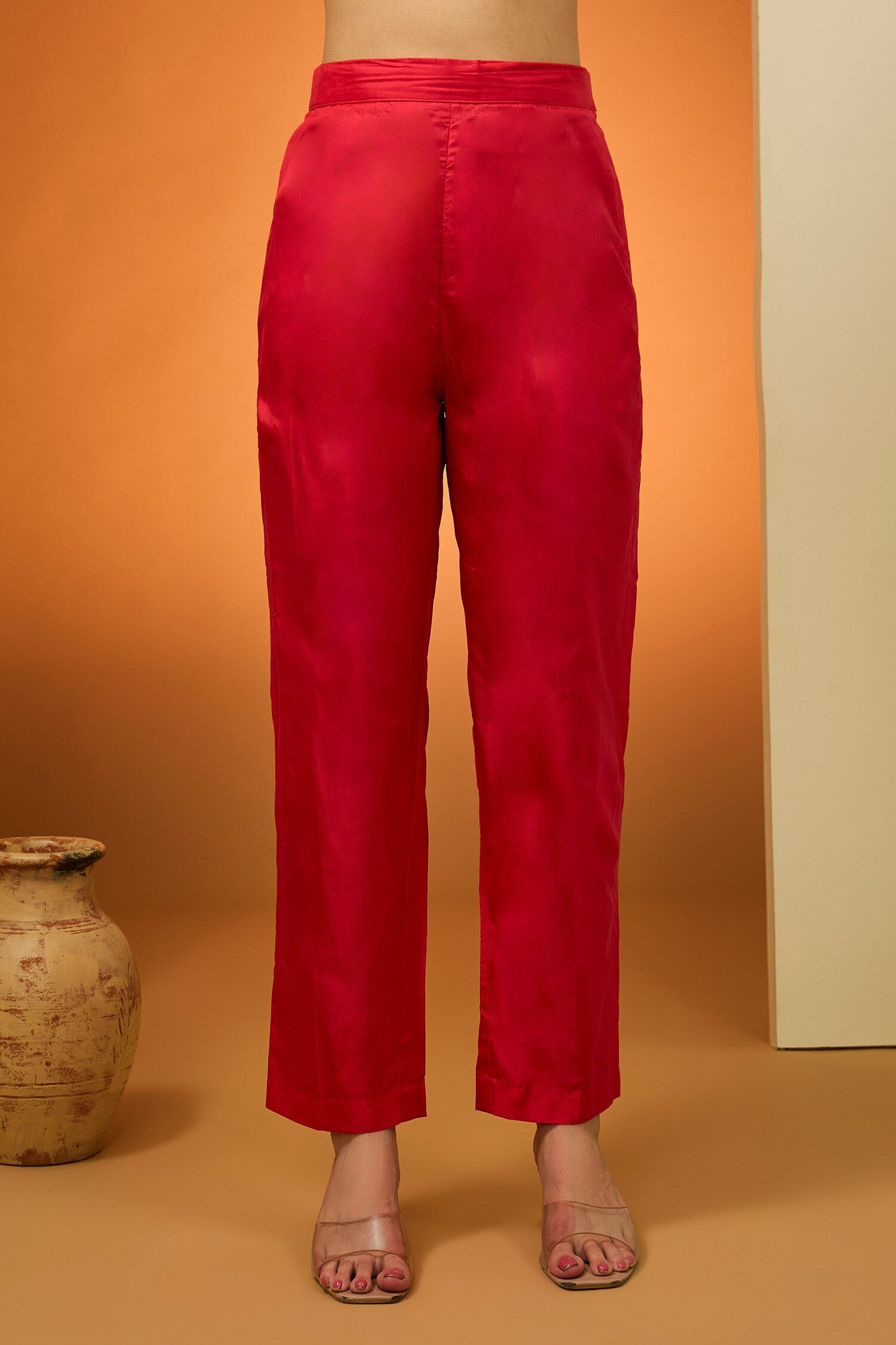 Red Silk Crepe Sequins Beads Embroidery Asymmetric Kurta And Pant Set