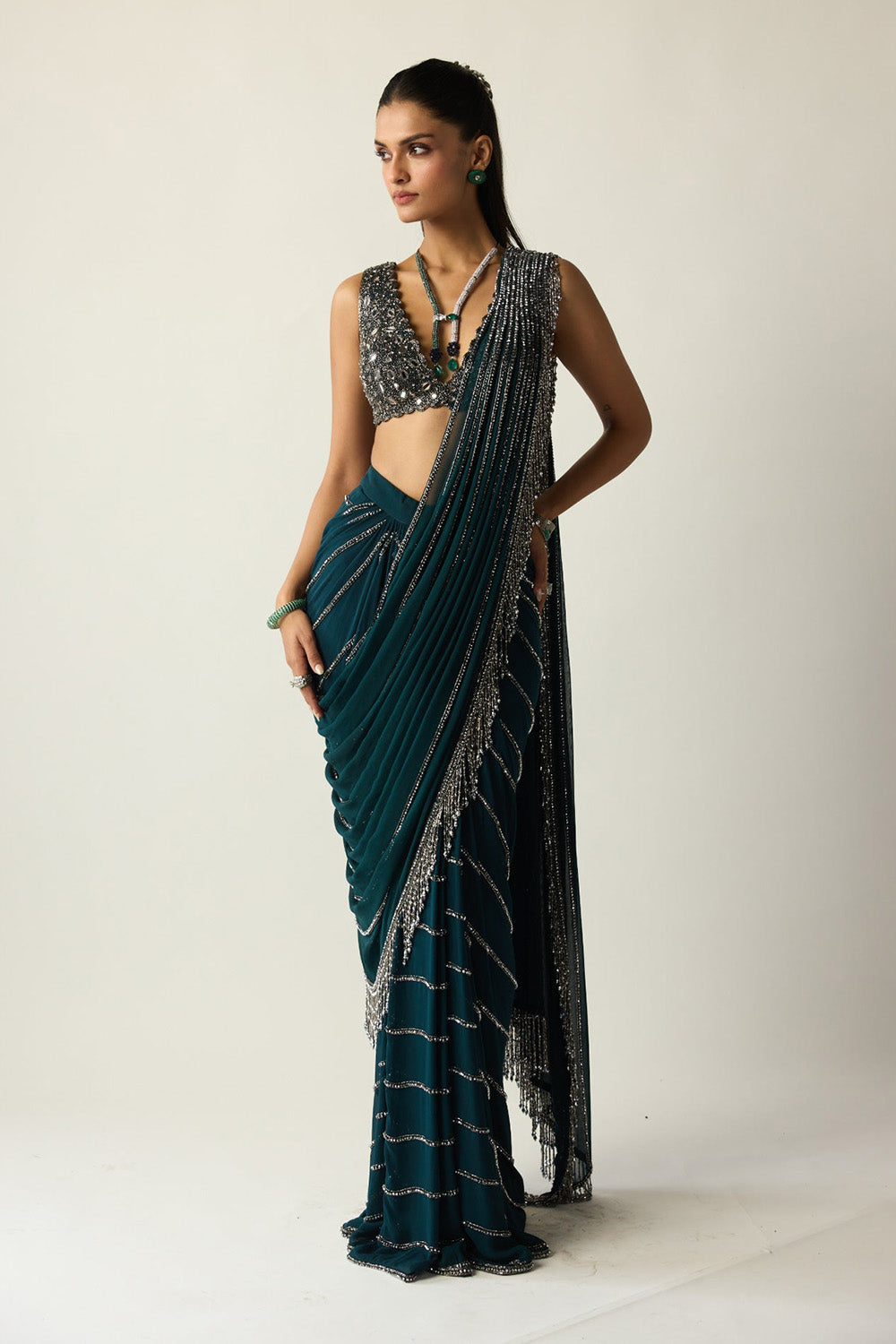 Dark Teal Linear Draped Saree