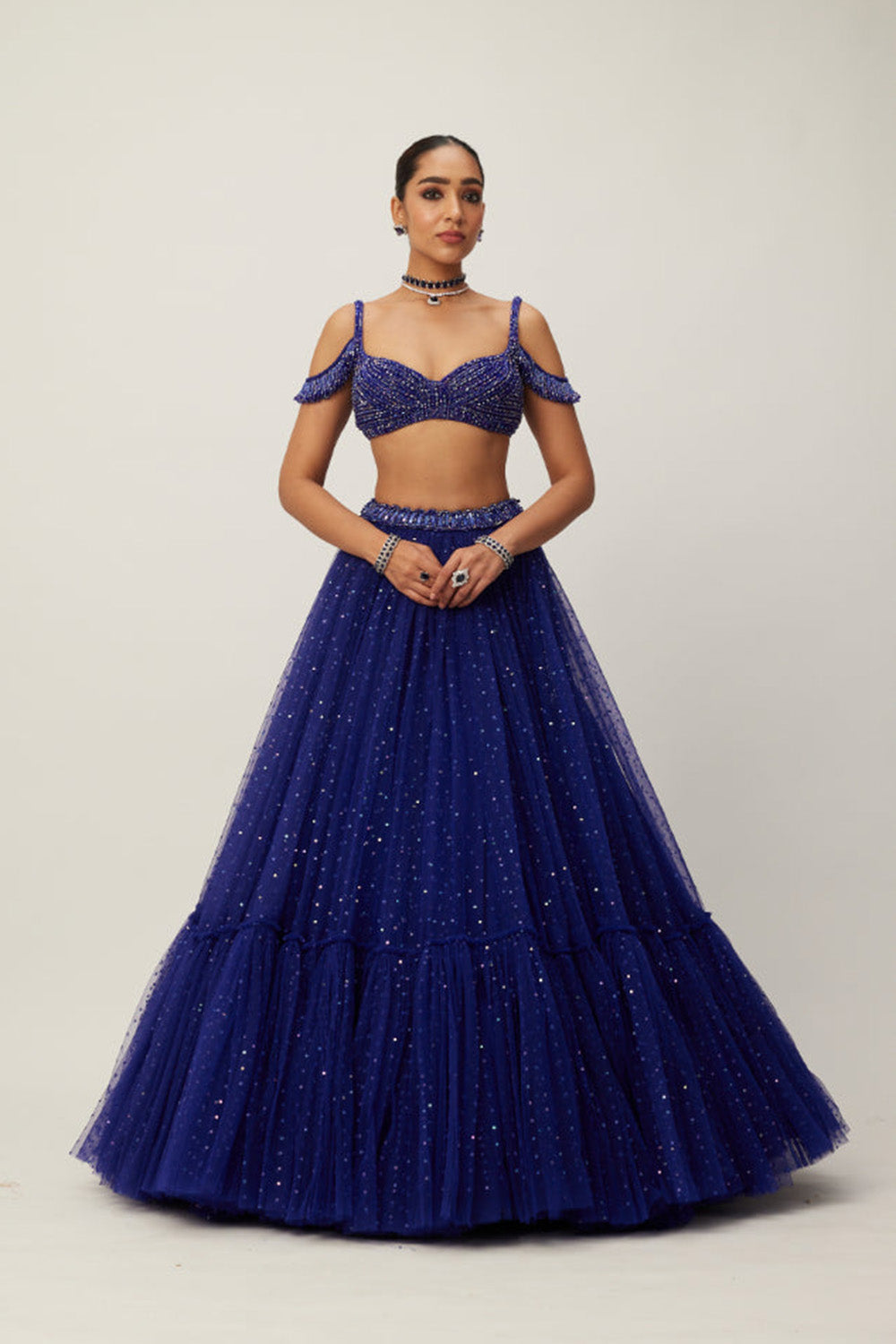 cocktail Blue Sequins Scattered Tulle Lehenga Set