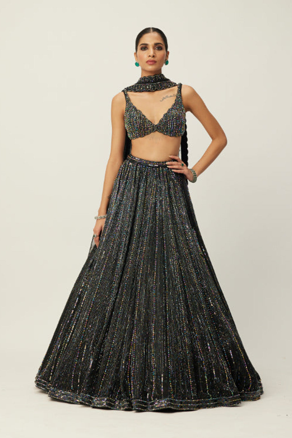 Black crystal Linear Embroidered Lehenga Set