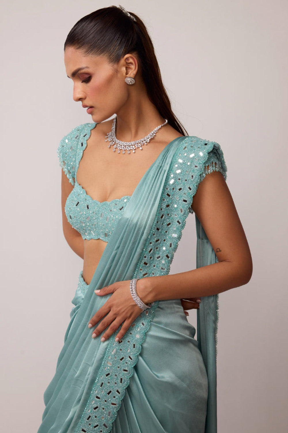 Powder Blue Draped Saree Set